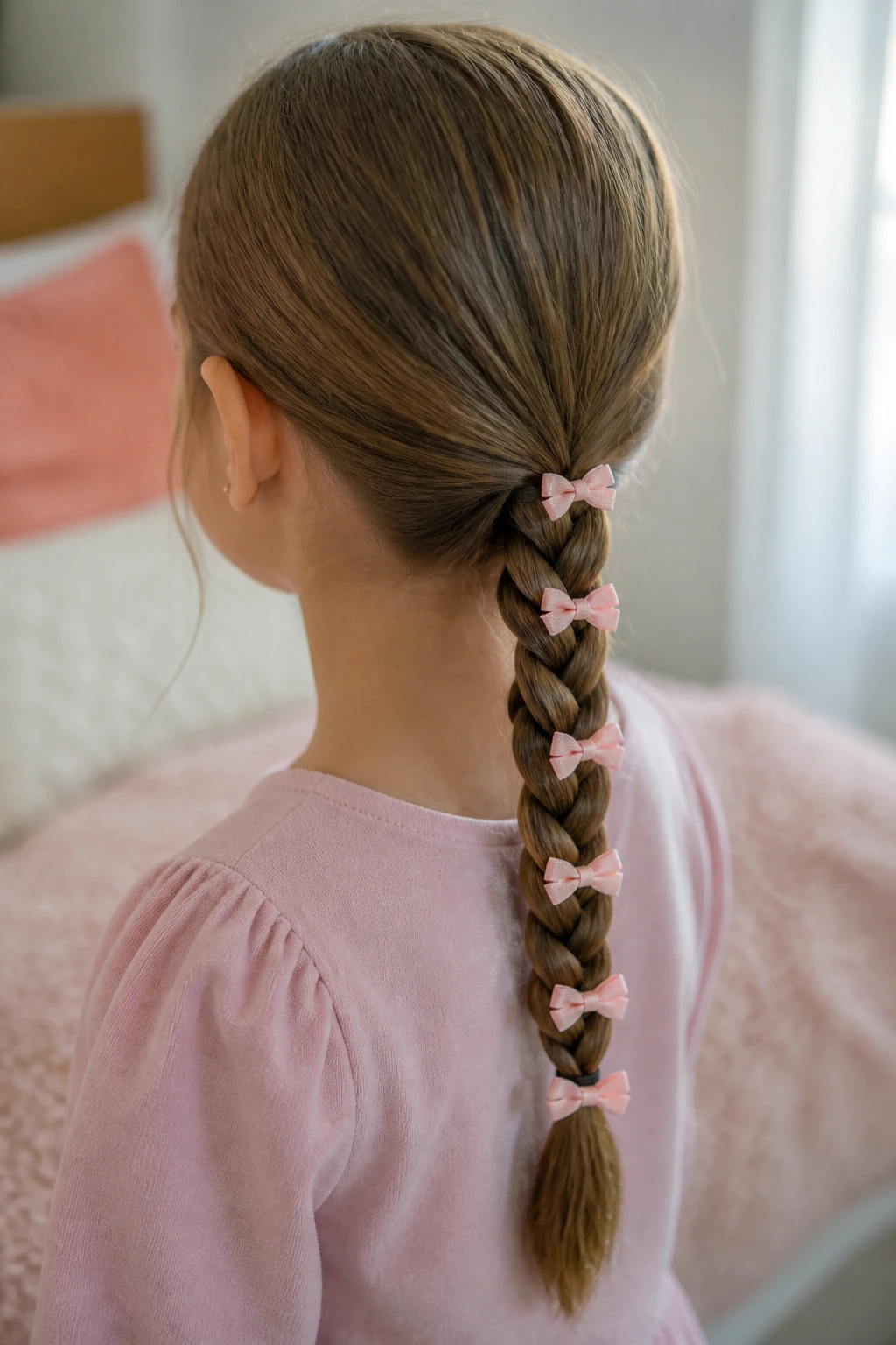 Close-up of a young girl's braided ponytail with small bows along the length