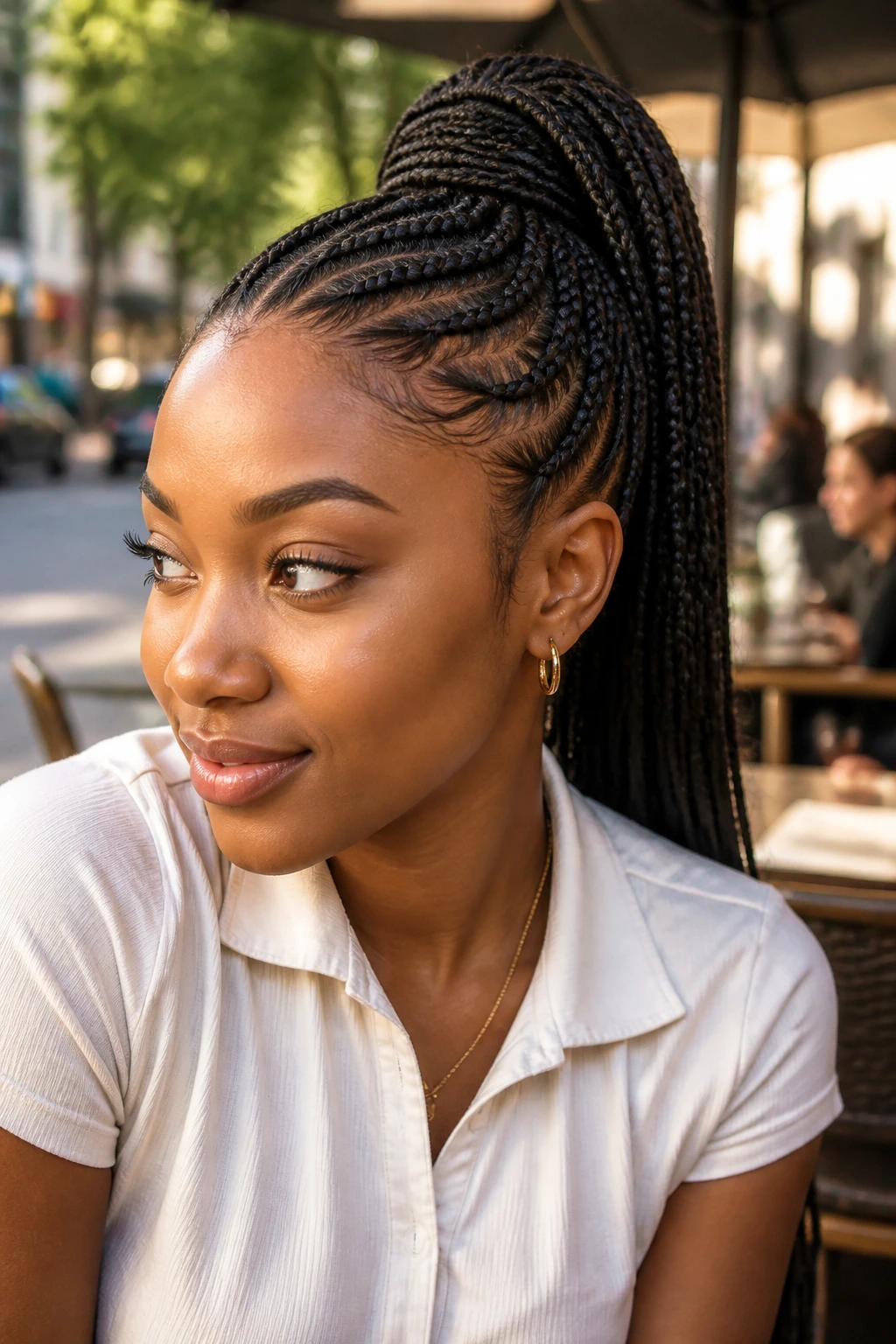 Close-up of a real person with a high braided ponytail