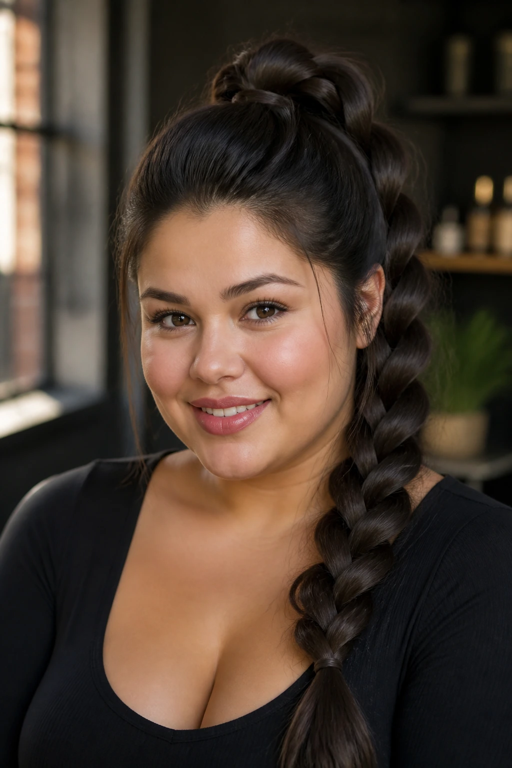 Real woman with high braided ponytail and crown lift hairstyle
