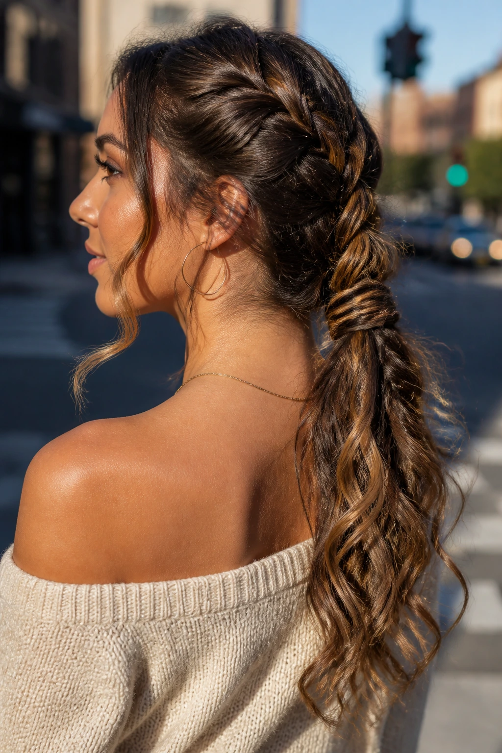 Medium close-up of braided ponytail with curl wraps on a real woman