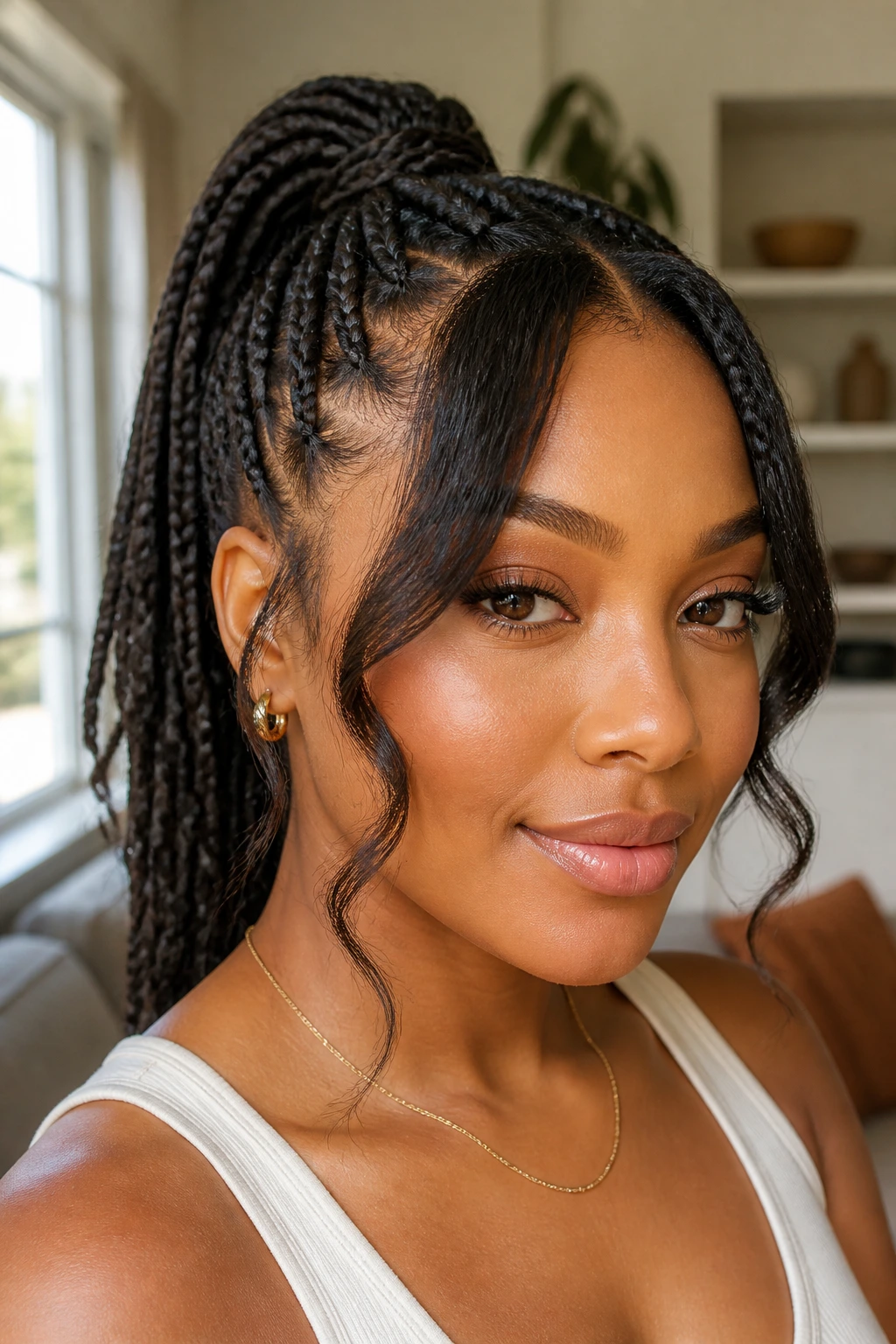 Close-up of a real woman with a mid-high braided ponytail and curtain bangs