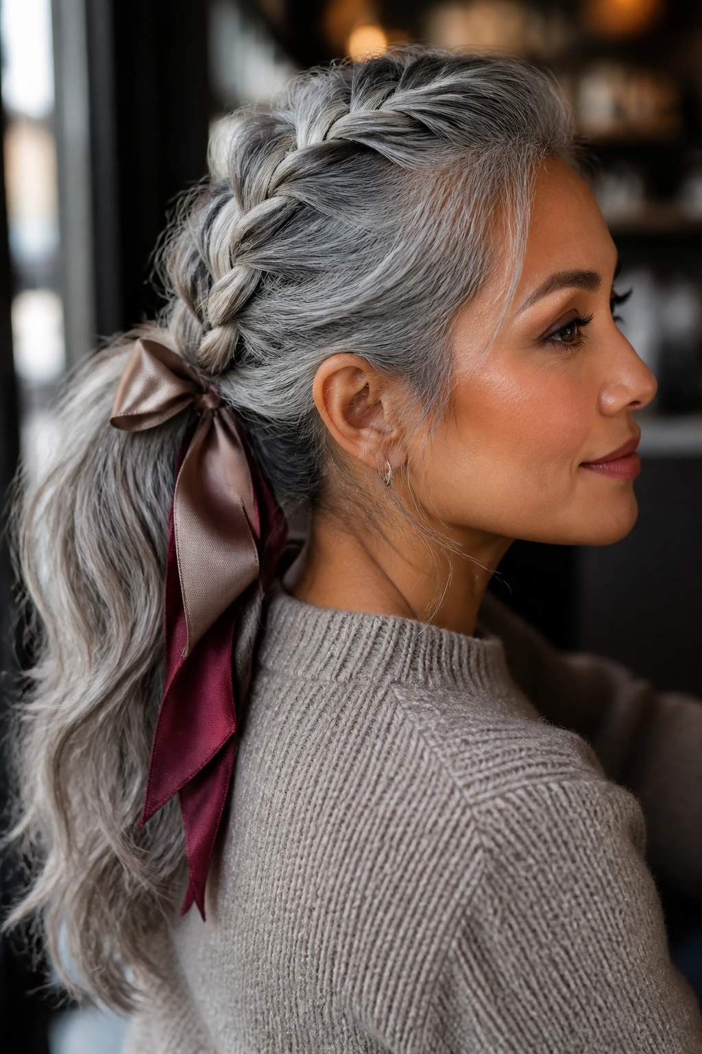 Close-up portrait of a real woman with a neat crown braid and airy ponytail, satin ribbon at the base.