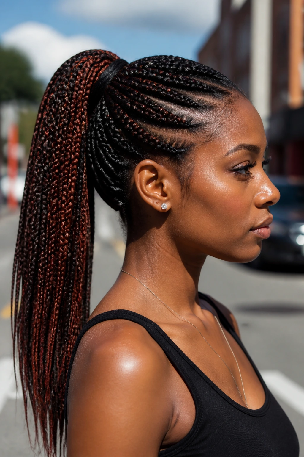 Close-up of a real woman with a Braided Ponytail featuring Mahogany Sweep
