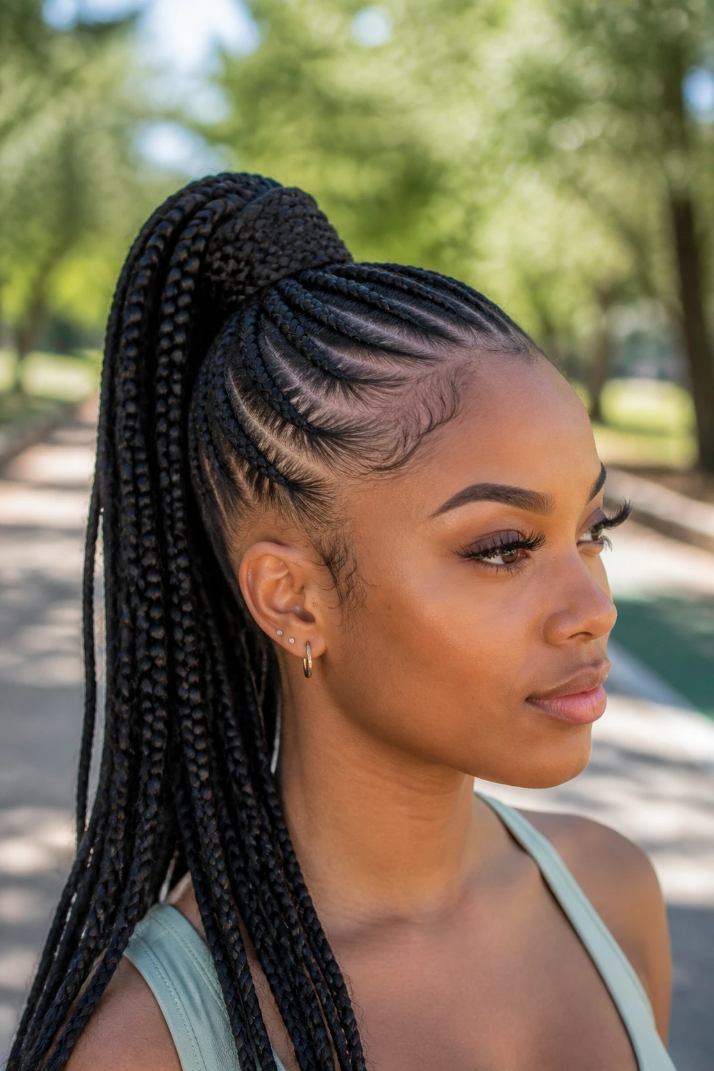 Real person with a high braided ponytail