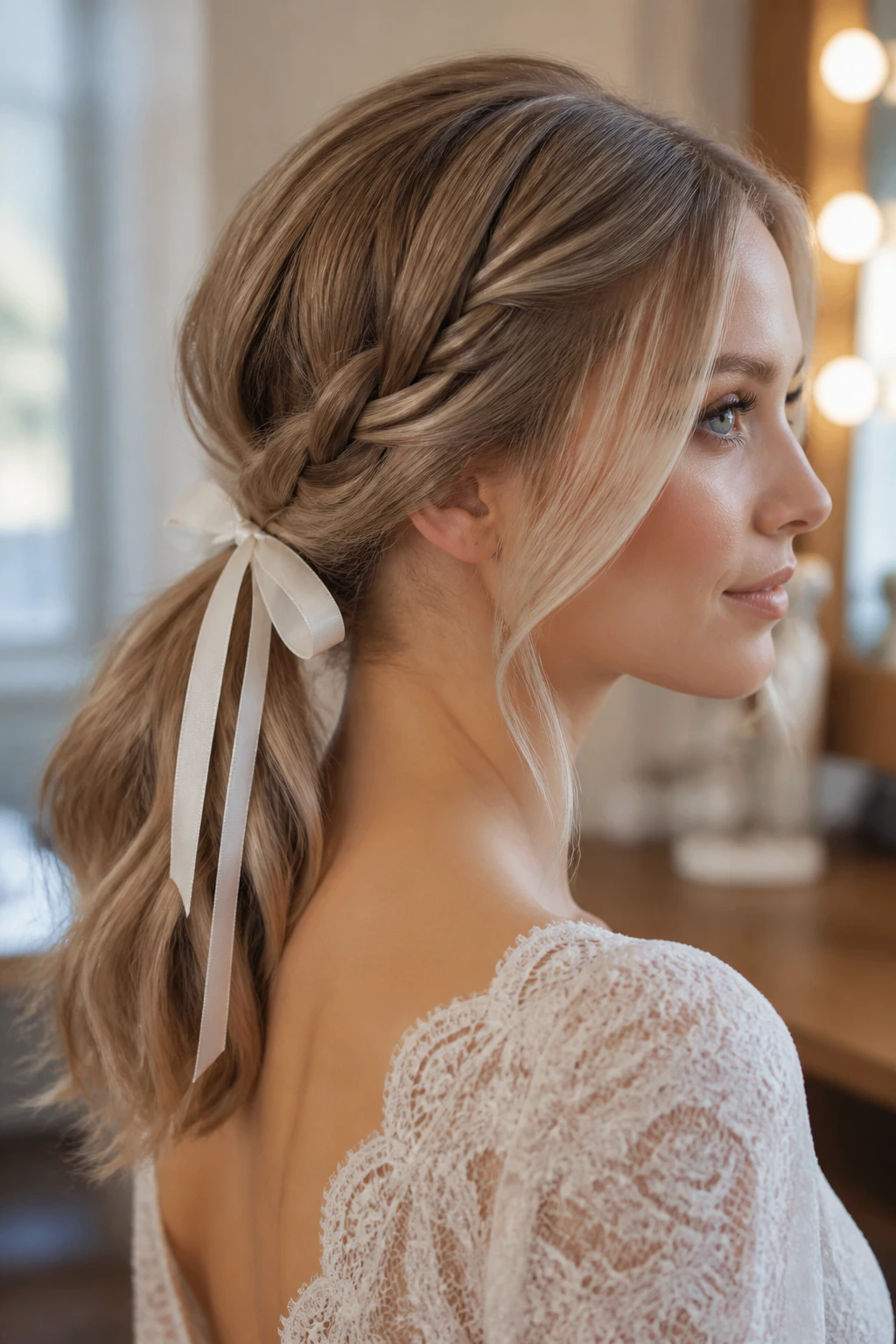 Close-up of a real woman with a low braided ponytail and thin ribbon at the base.
