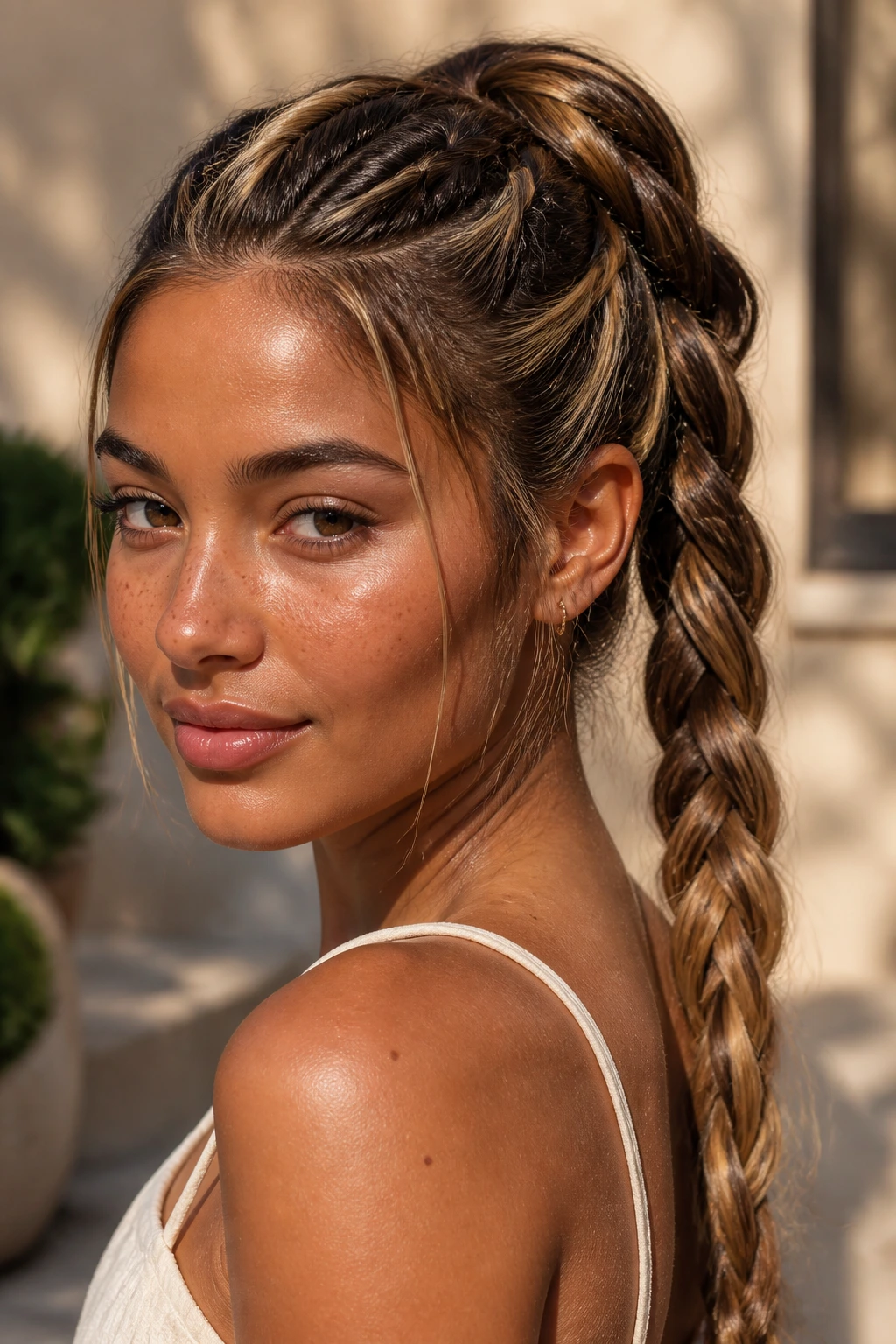 Close-up of a real woman with a braided ponytail and sunlit highlight threads on medium skin tone