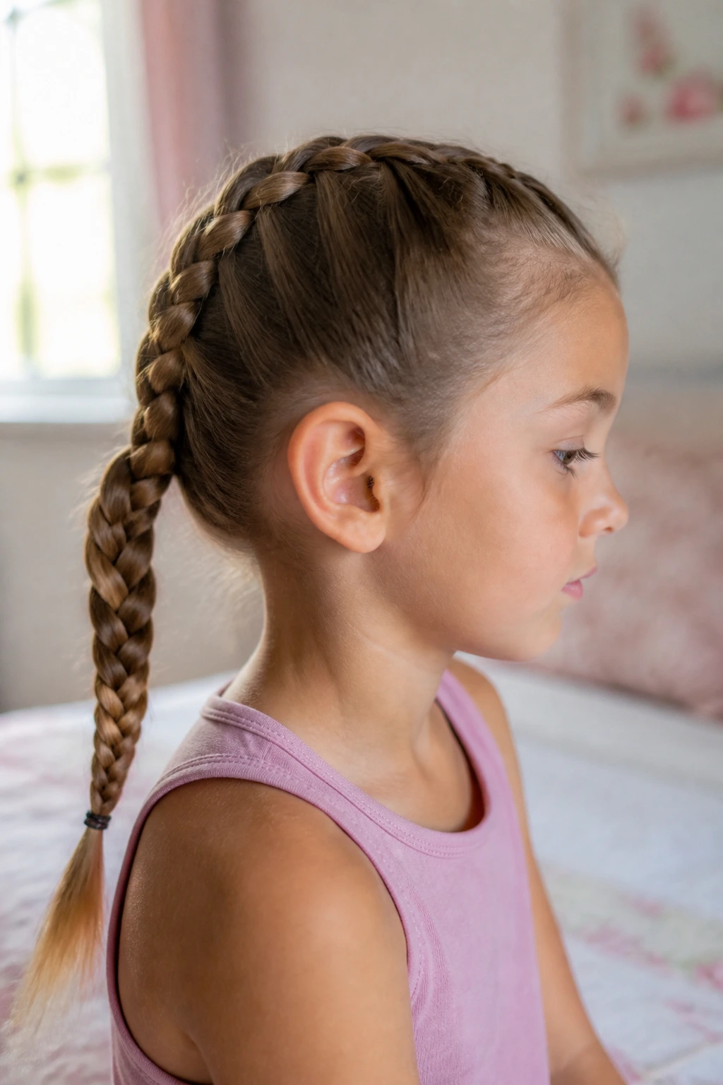 Close-up of a real young girl with a neatly braided ponytail in a cozy bedroom.