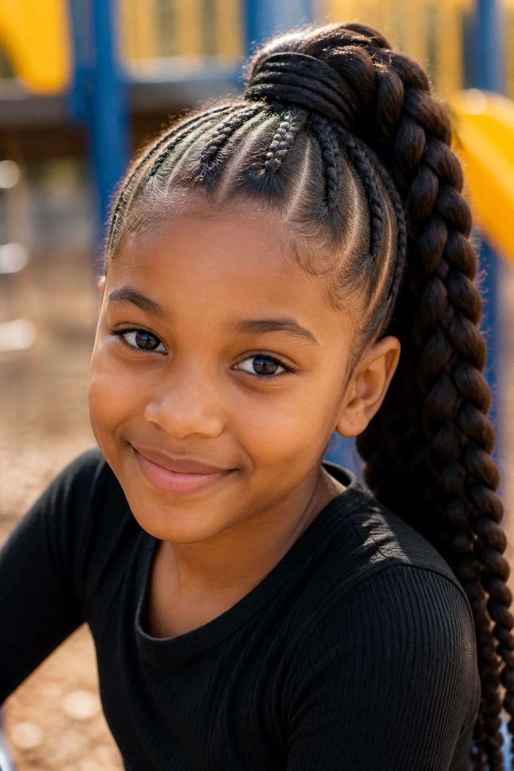 Close-up portrait of a real child with a braided ponytail and wrapped base, thick hair full and glossy
