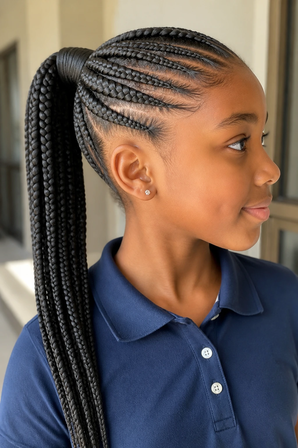 Close-up of a girl with wrapped-base braided ponytail in a school hallway setting.