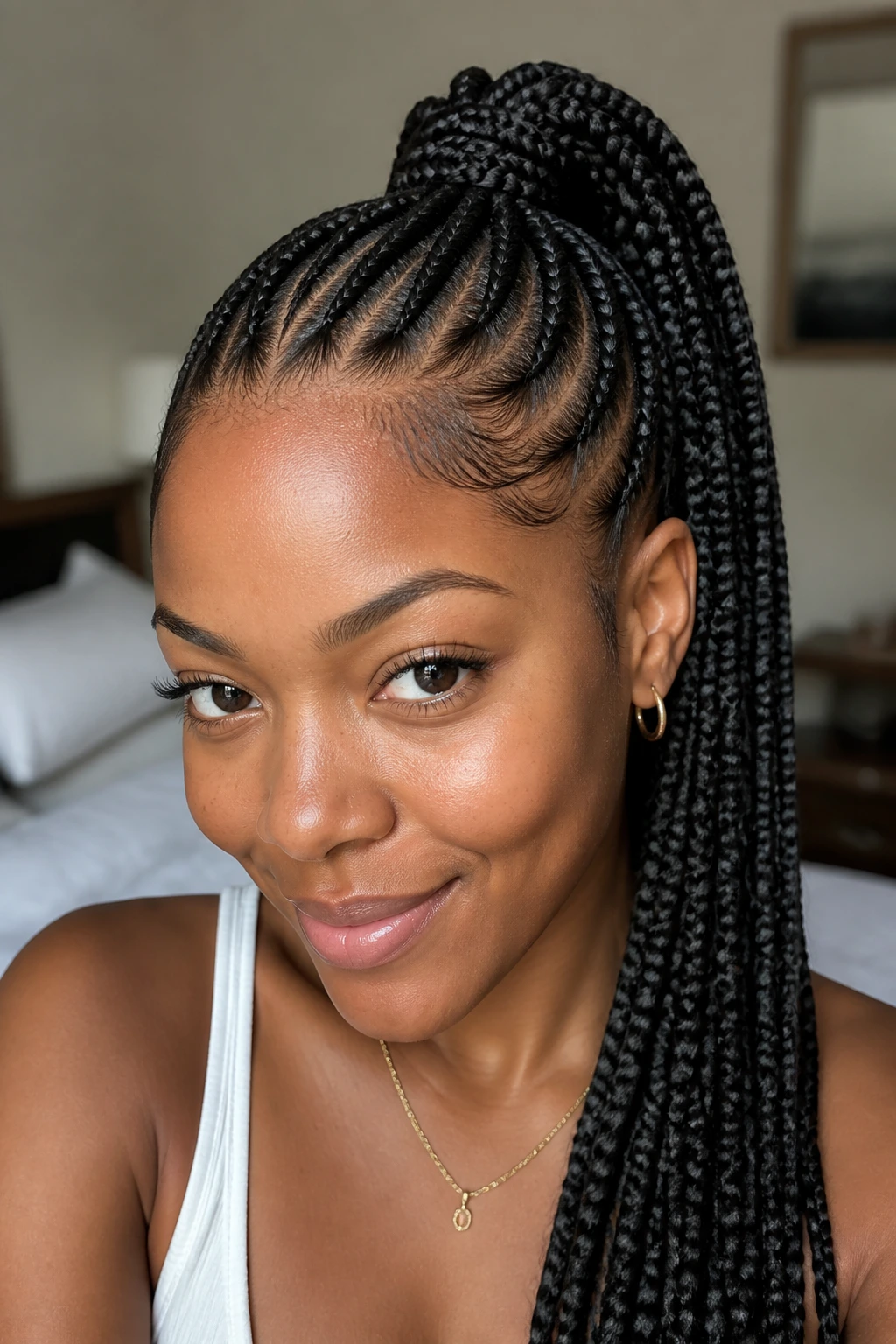 Close-up portrait of a real woman with braided ponytails at the crown, soft window light