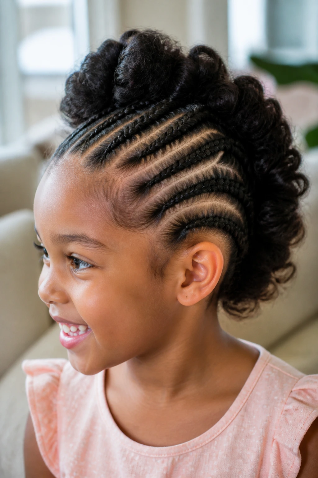 Child with braided puff hawk mohawk.