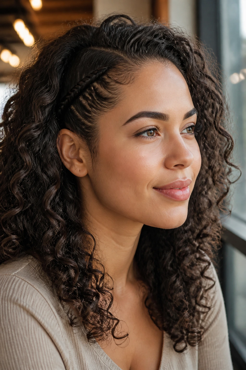 Close-up portrait of a real woman with a braided side accent near the hairline