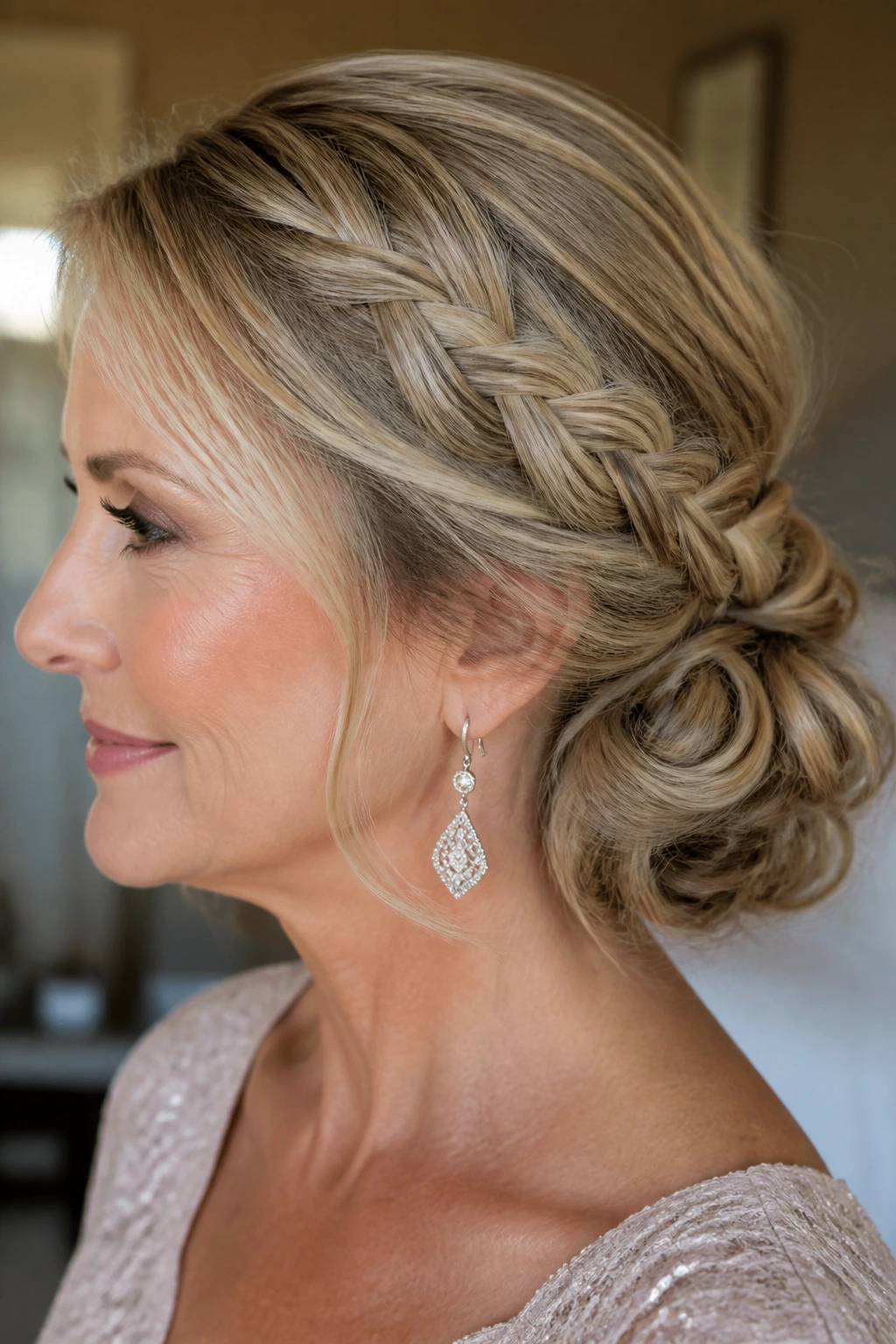 Real woman with a side braid leading to a low bun at the nape