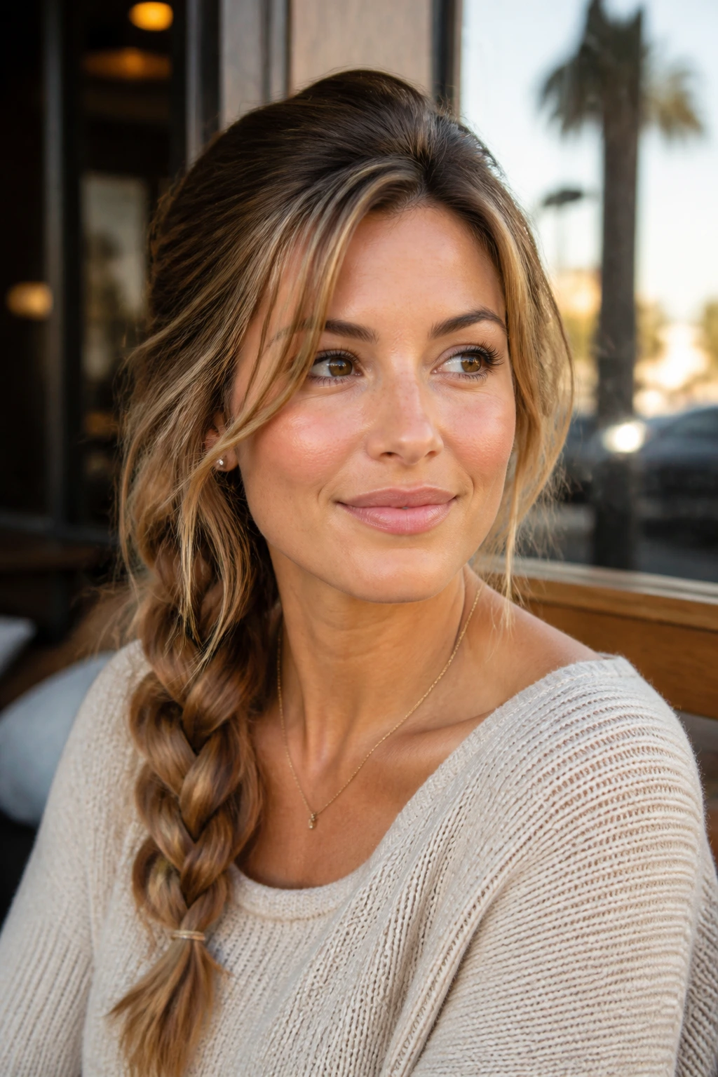 Portrait of a woman with a side-swept braid across the shoulder