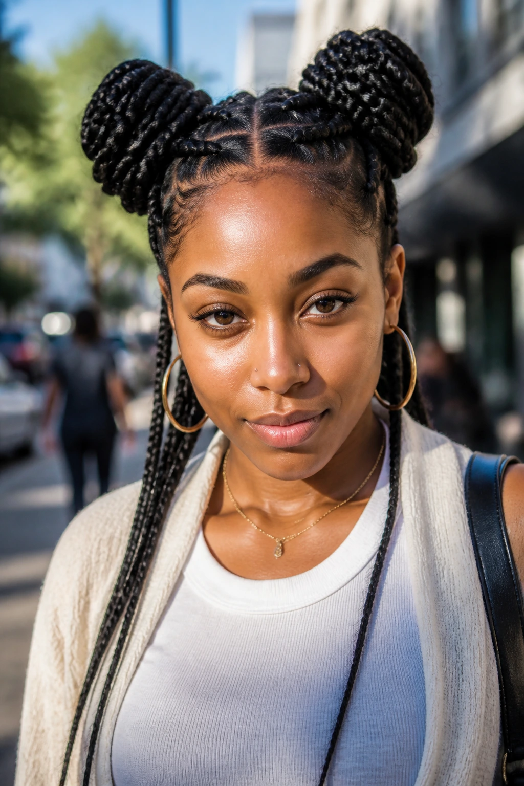 Front close-up of a real person with braided space buns on top