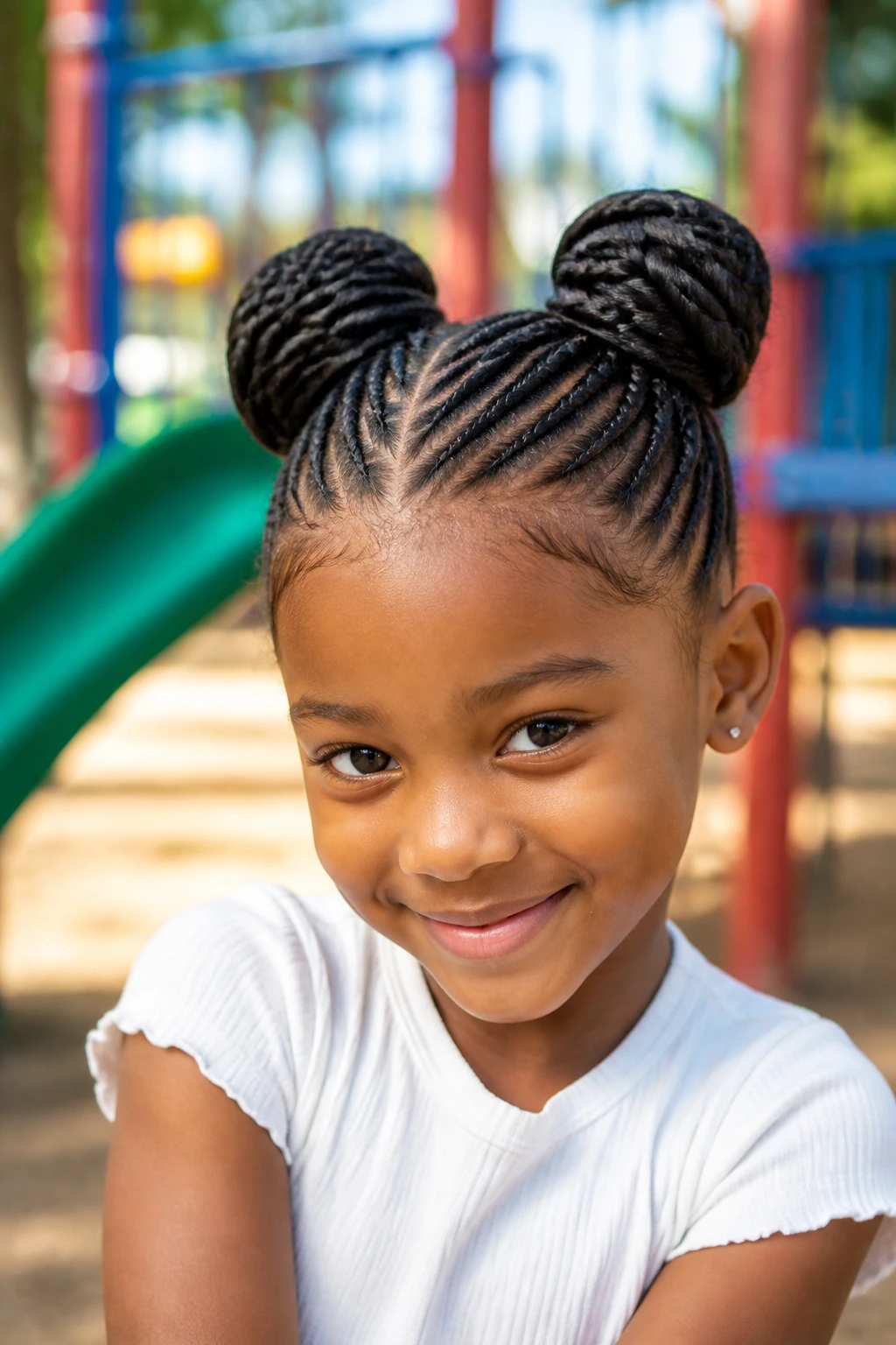 Portrait of a girl with braided space buns in a sunny outdoor setting.