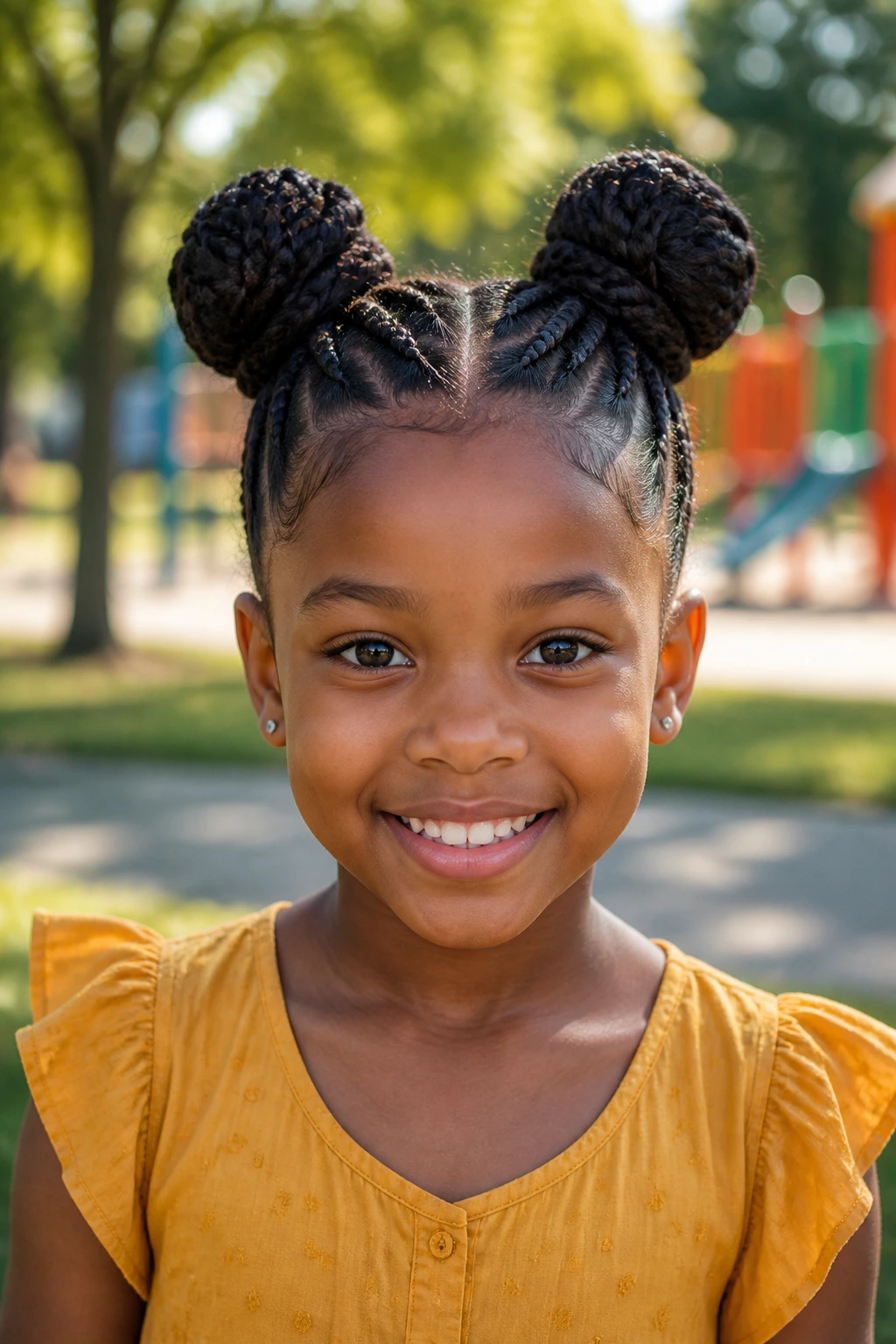 Front-facing child with two braided space buns as the hero