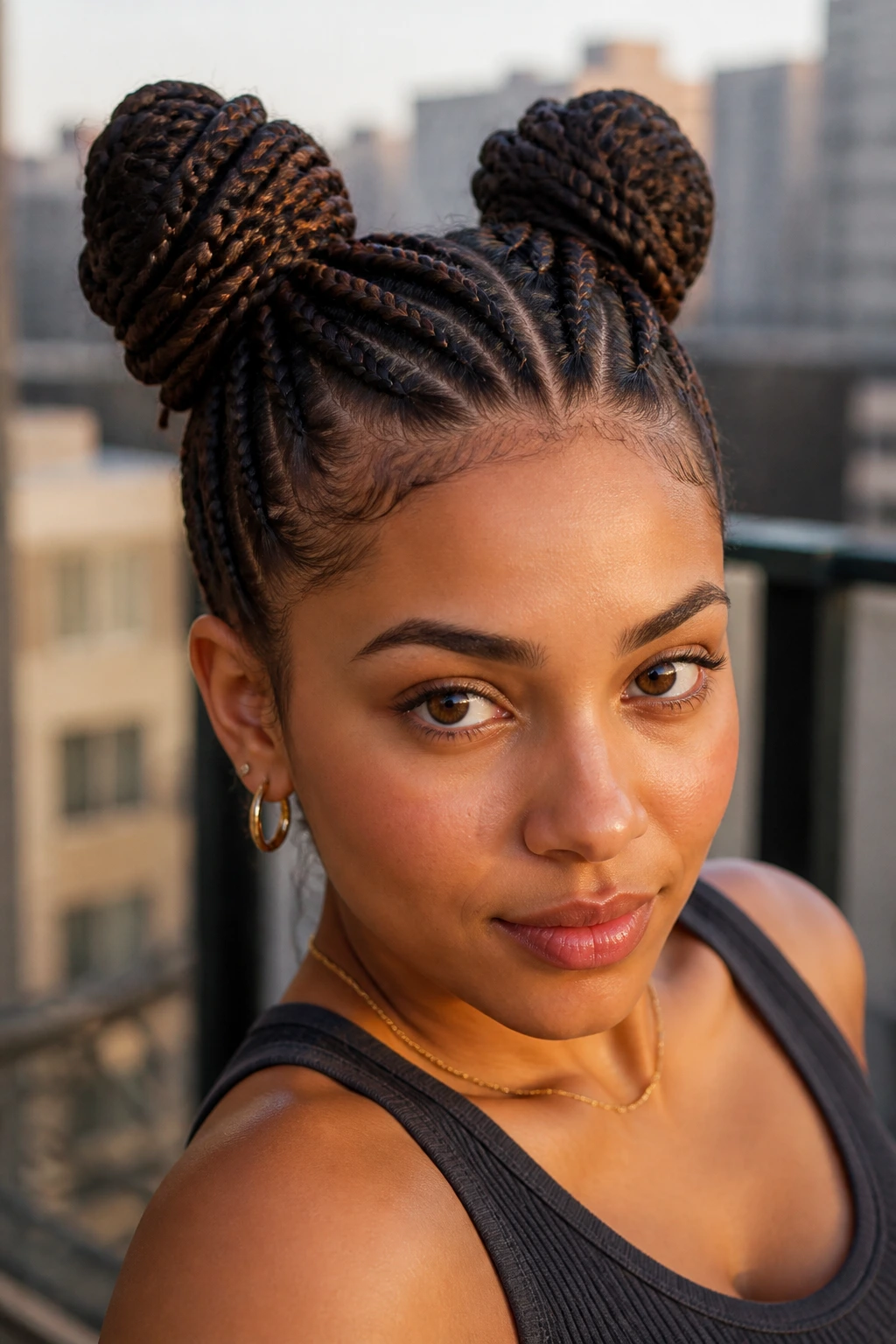 Close-up of real woman with braided space buns on top of head