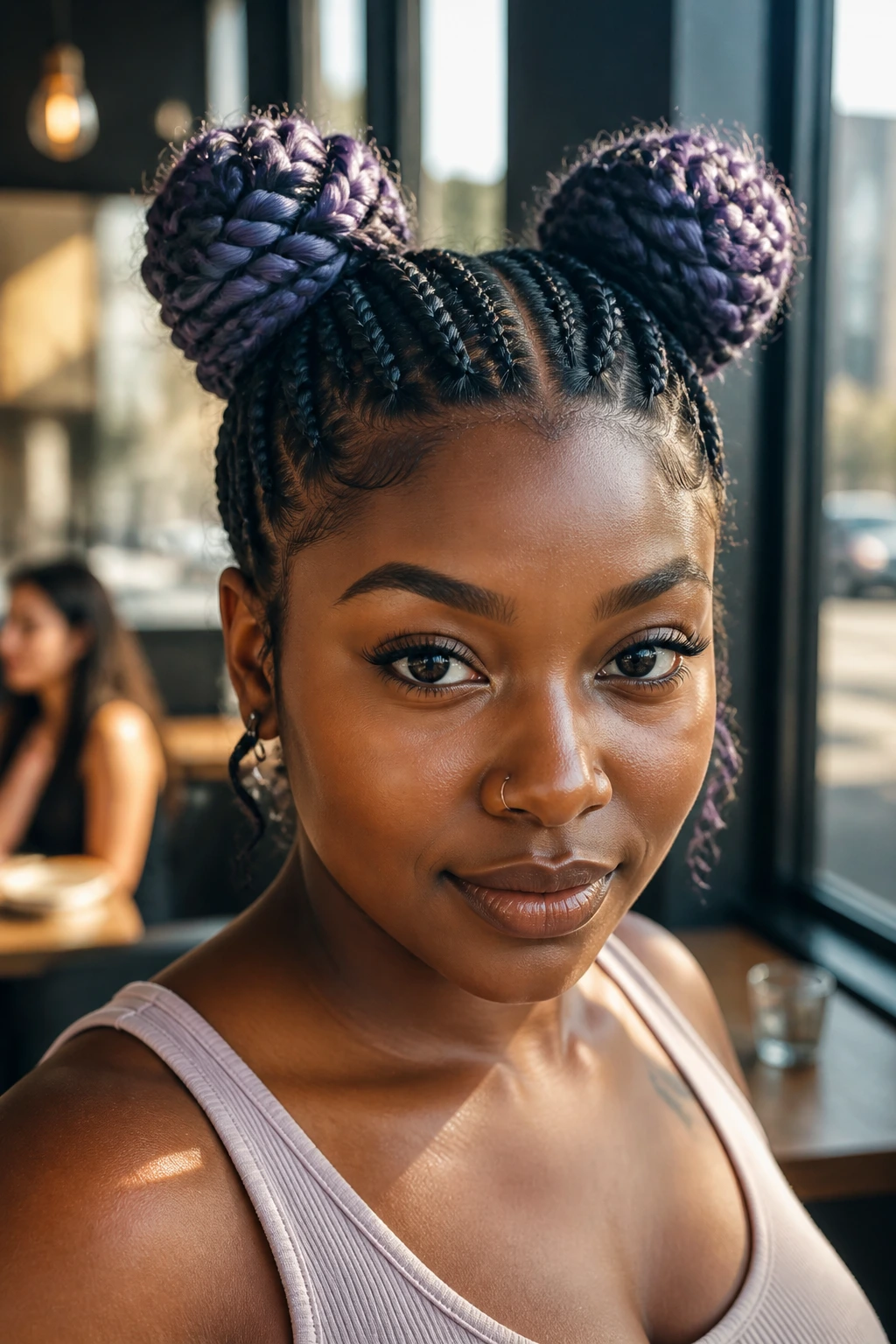 Close-up of a person with braided space buns and lavender tips against a sunlit backdrop