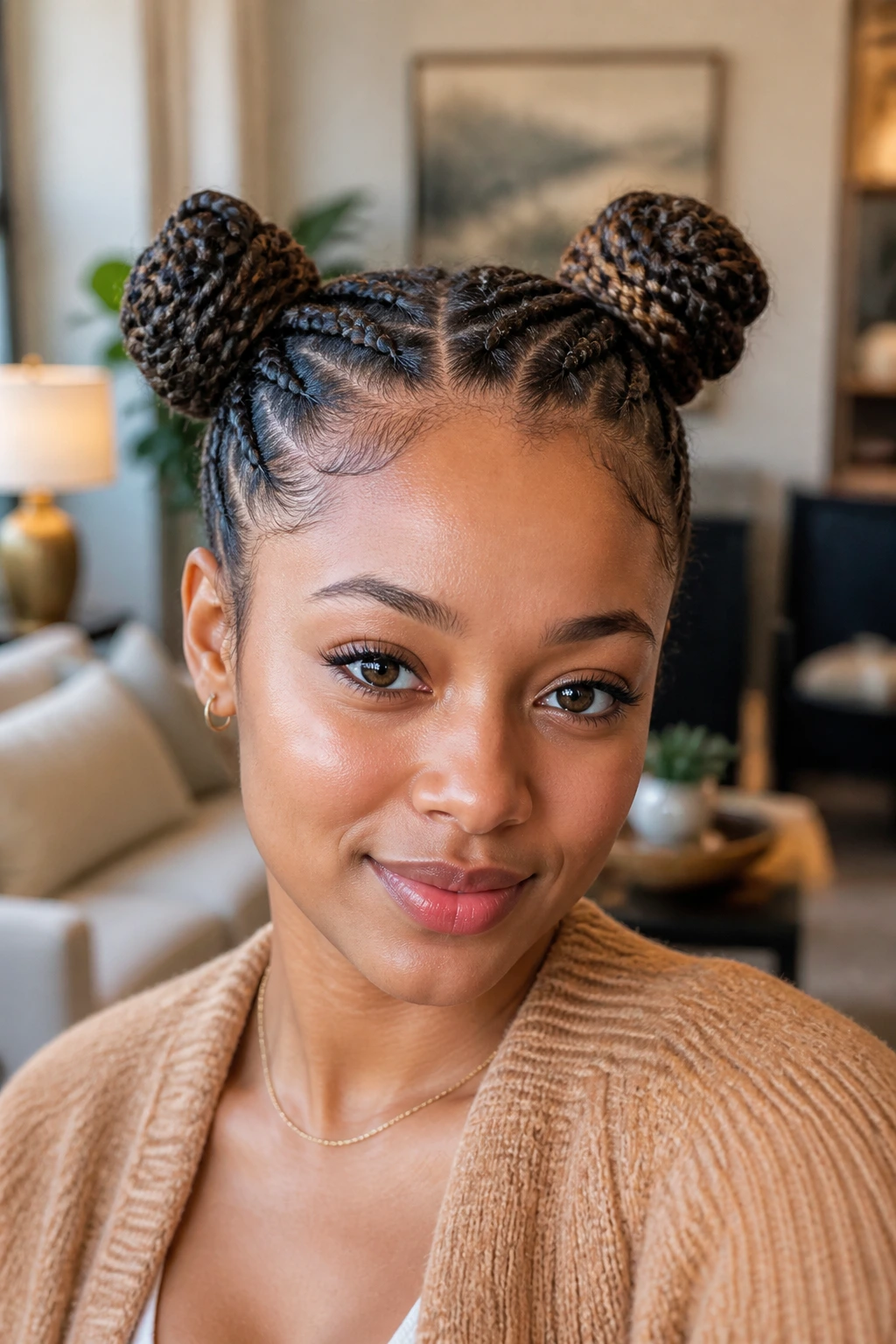 Close-up of a real person with two small braids leading to space buns on top of the head