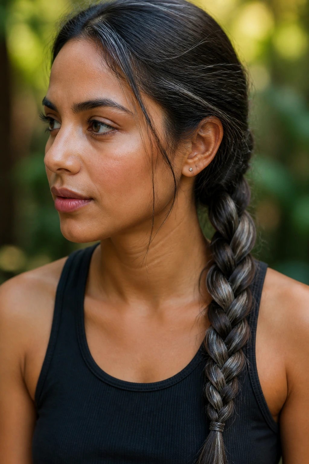 Close-up of a real person with a braid showing subtle grey threading on dark brown hair