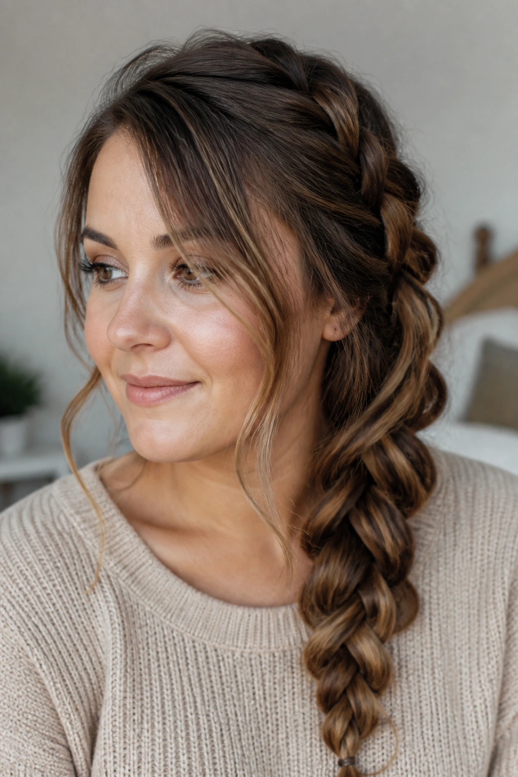 Portrait of a woman with a side braid and soft tendrils around temples