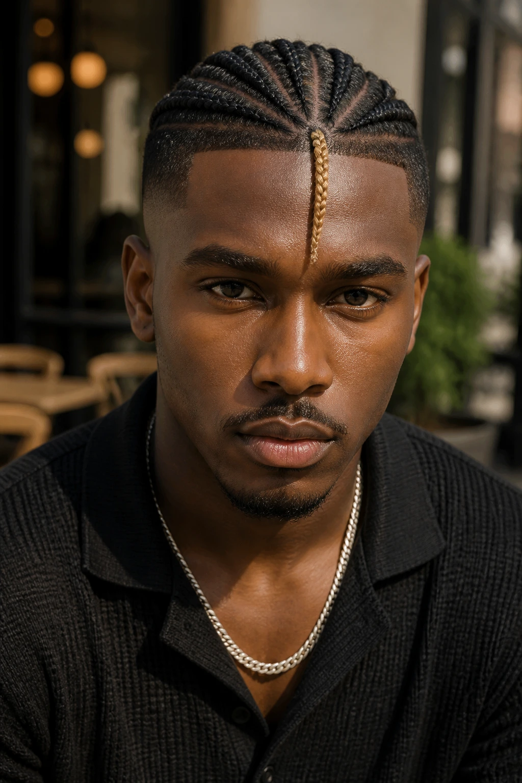 Close-up of a Black man with a single blonde front braid.