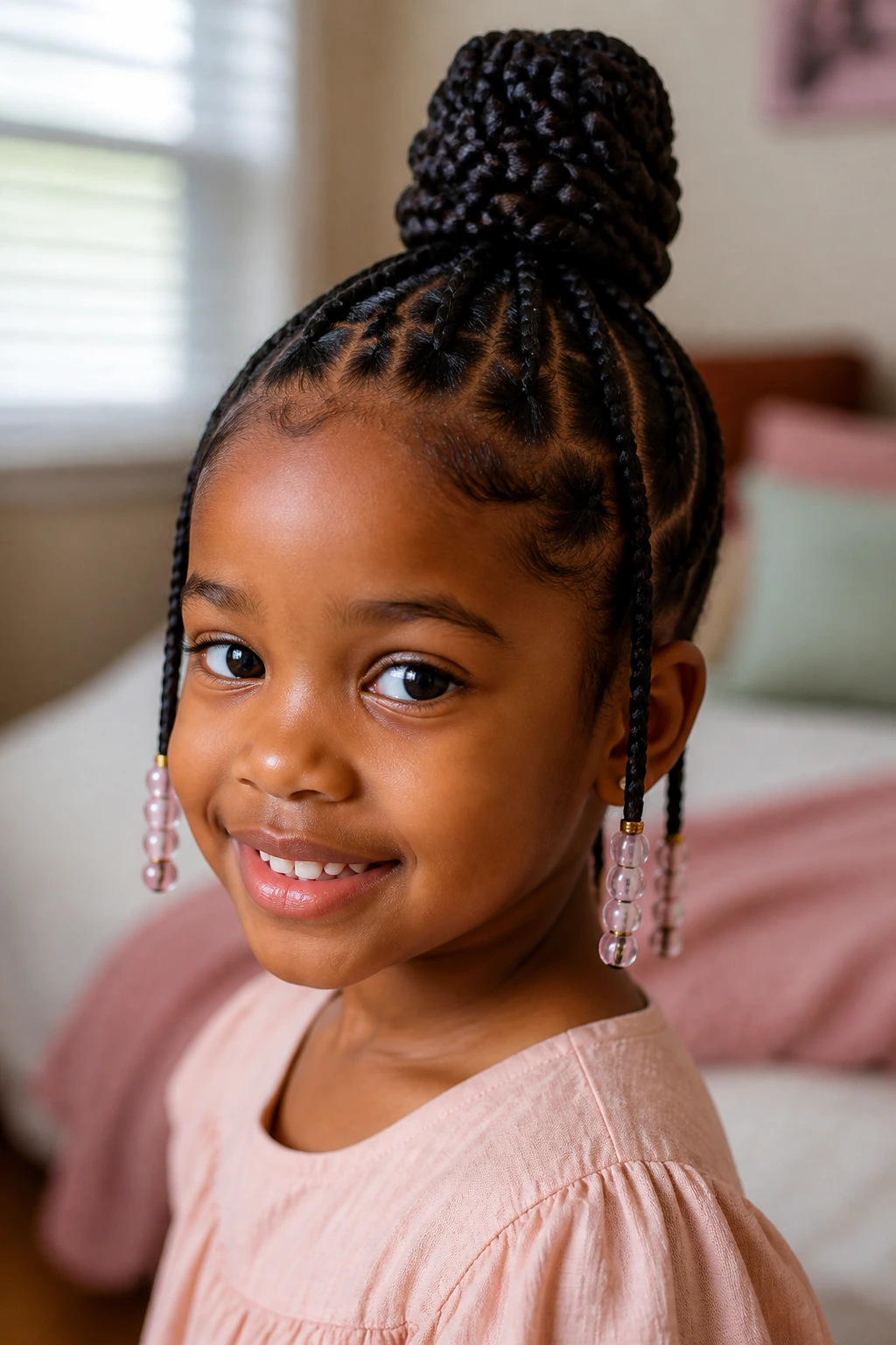 Close-up portrait of a young girl with a high braided top knot and beaded ends in natural light.