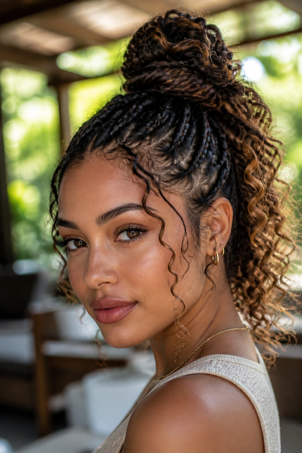 Close-up of a woman with a braided top knot and curly tail in warm outdoor light.