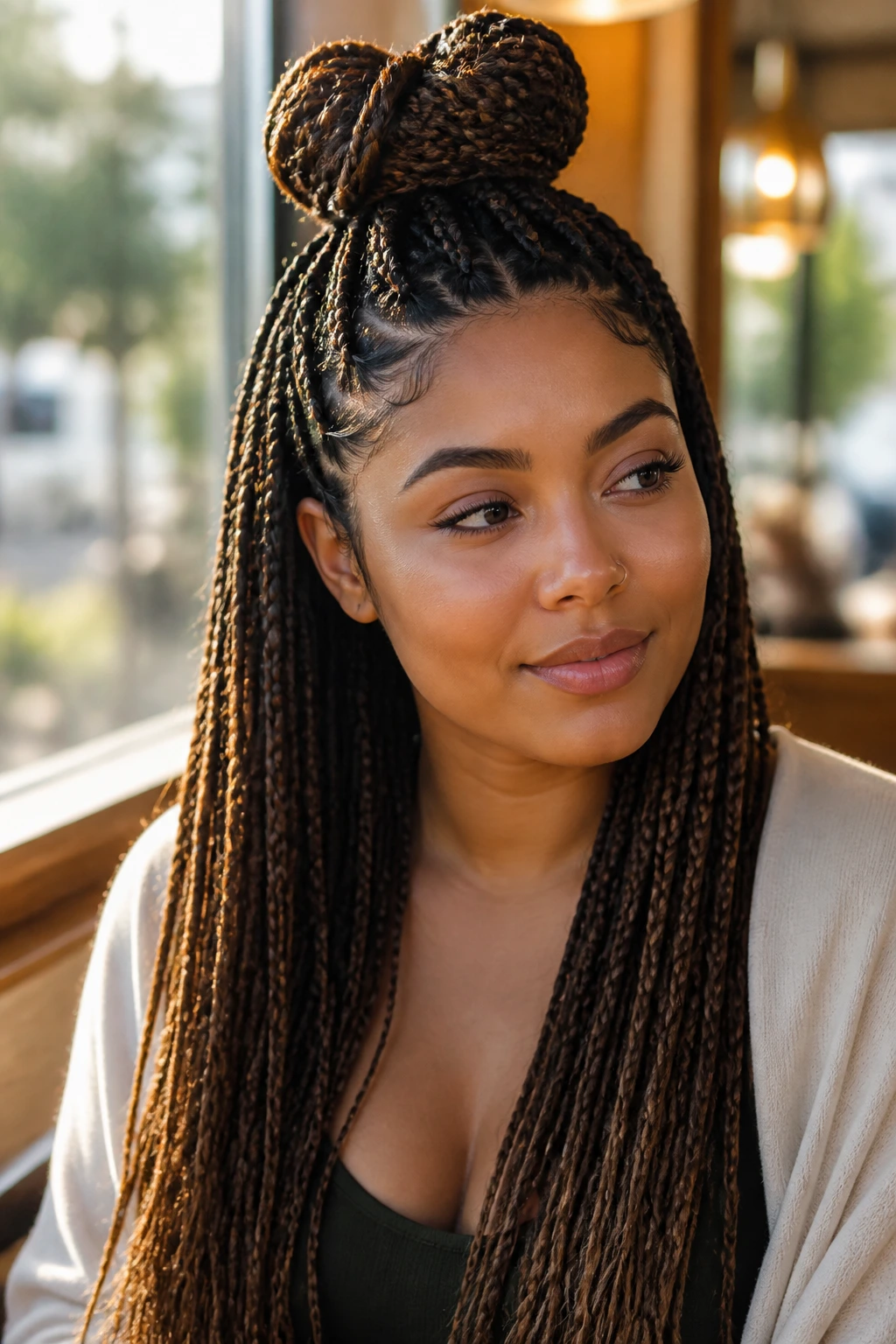 Close-up braided top knot with lengths left out on a real woman