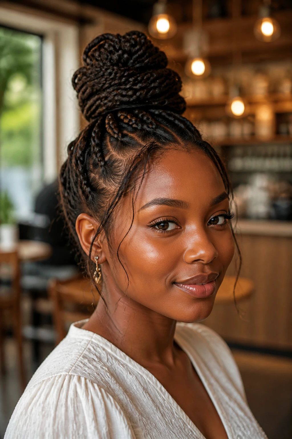 Close-up of a real Black woman with a braided top knot.