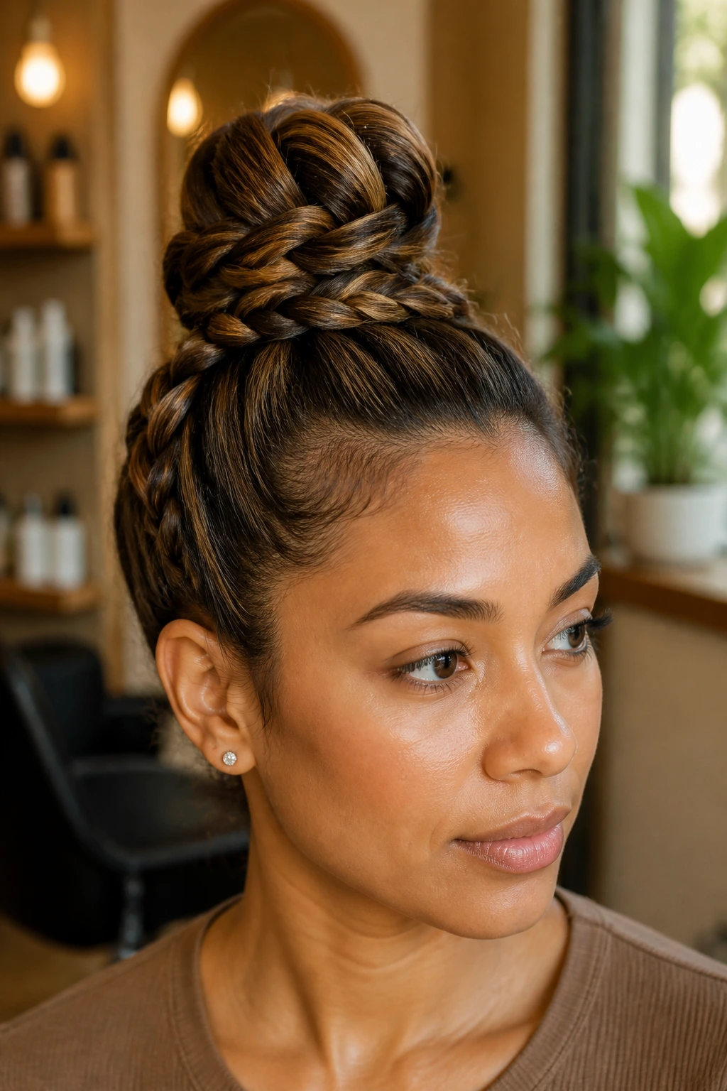 Close-up of a real woman with a braided topknot featuring brown streaks.