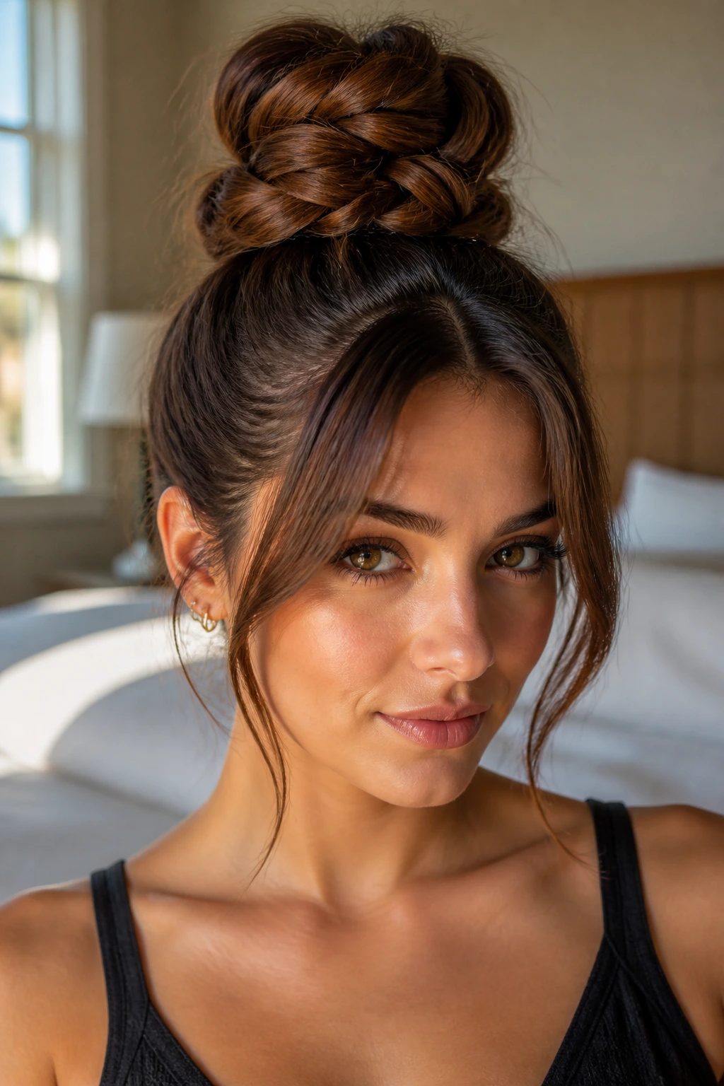 Portrait of a woman with braided topknot hairstyle