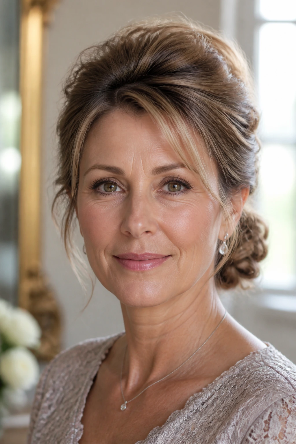 Front portrait of braided twist bun with airy crown