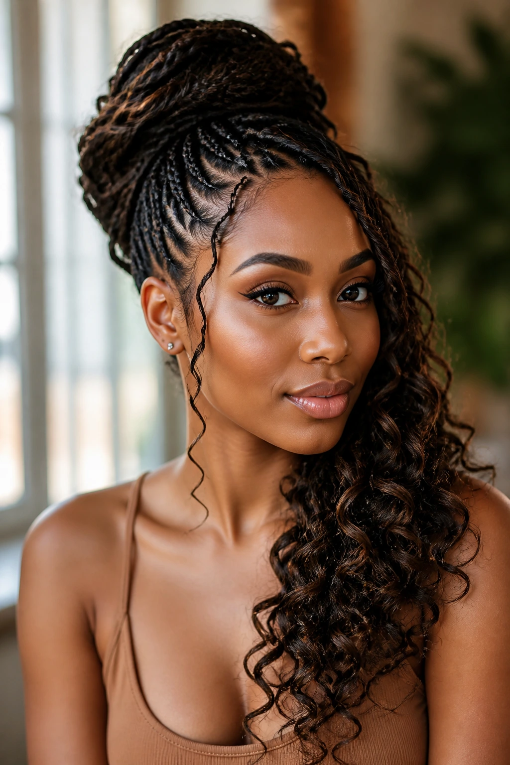 Close-up portrait of a woman with braided updo and side-cascading curls over one shoulder
