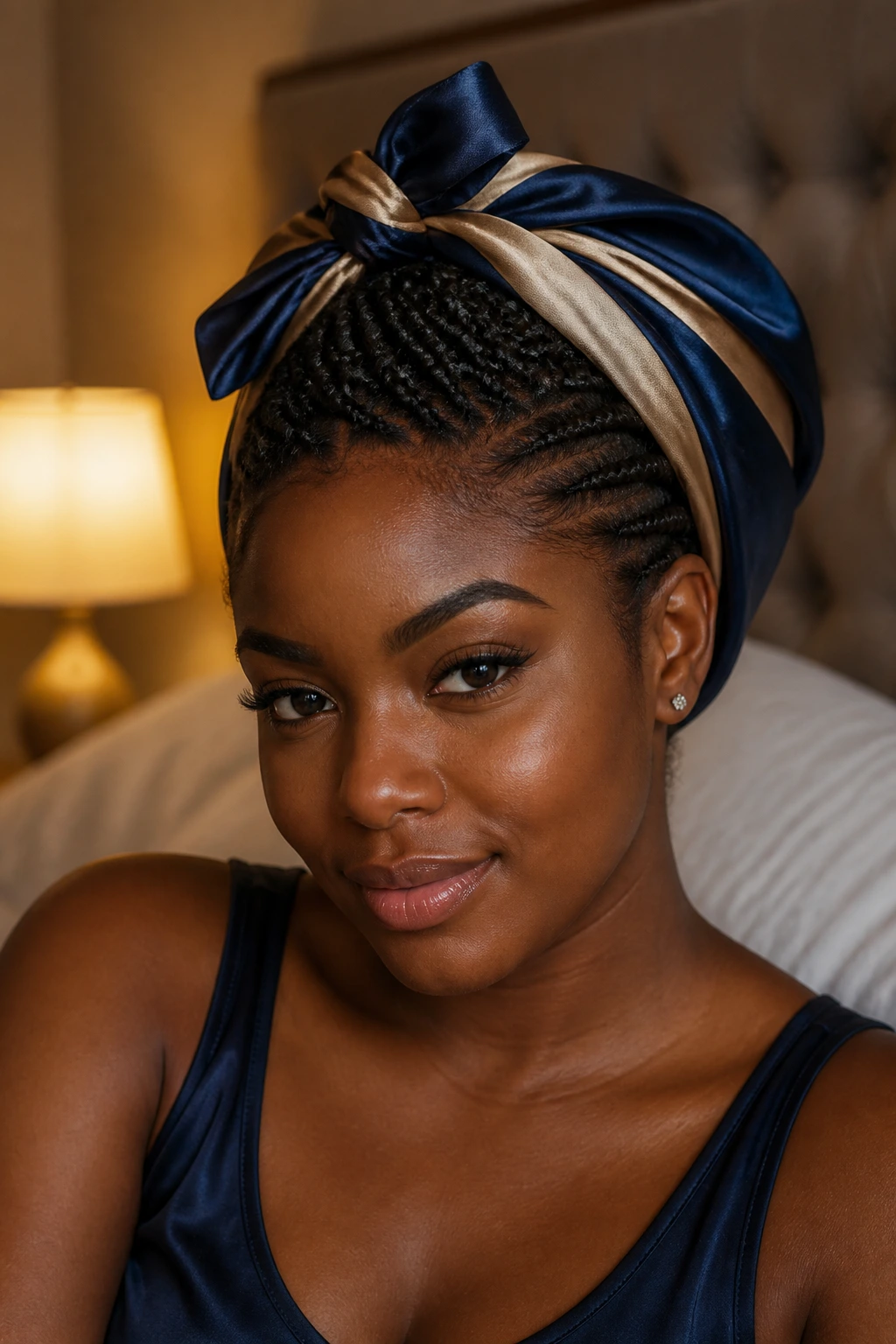 Real woman wearing braided updo protected by satin scarf