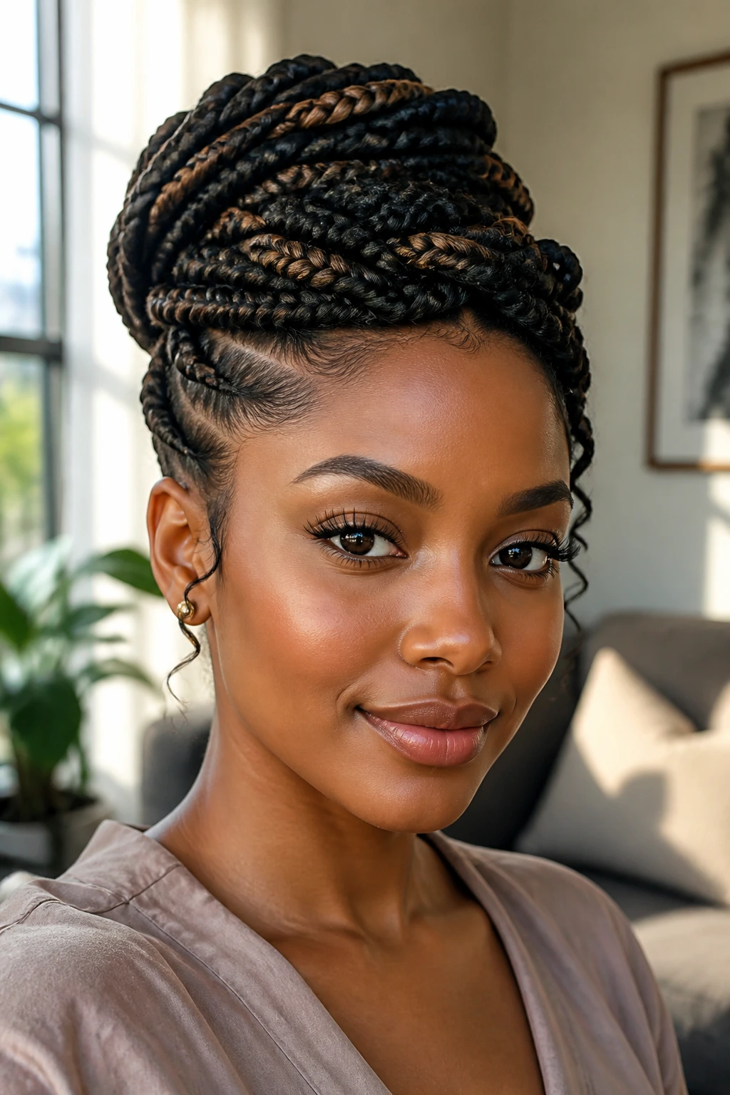 Close-up portrait of a Black woman wearing a balanced braided updo