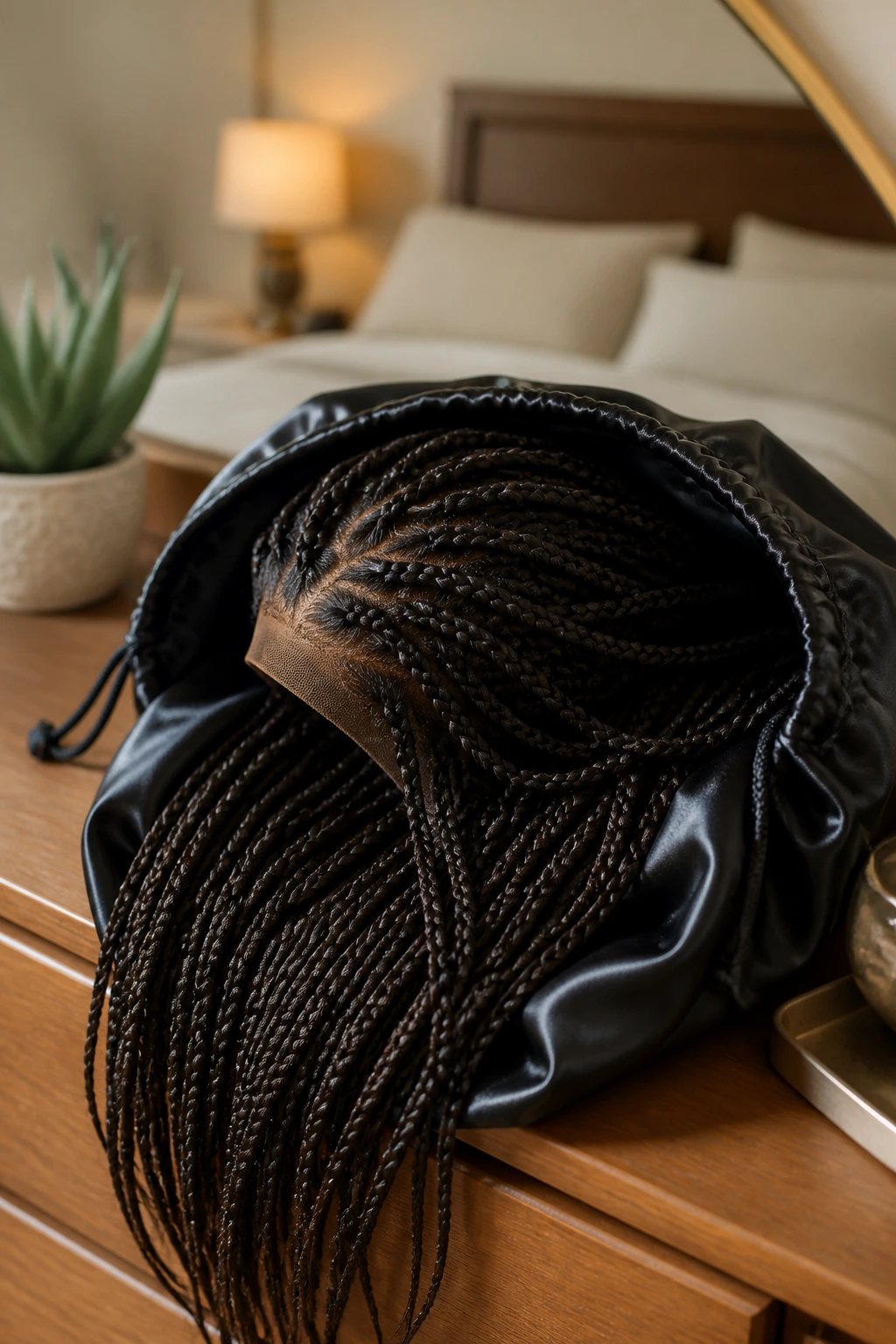 Braided wig stored loose in satin bag on dresser, showing texture and coils.