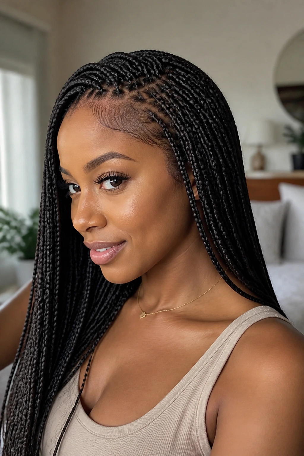 Close-up portrait of a real woman wearing a braided wig designed for fine hair, highlighting gentle edges.