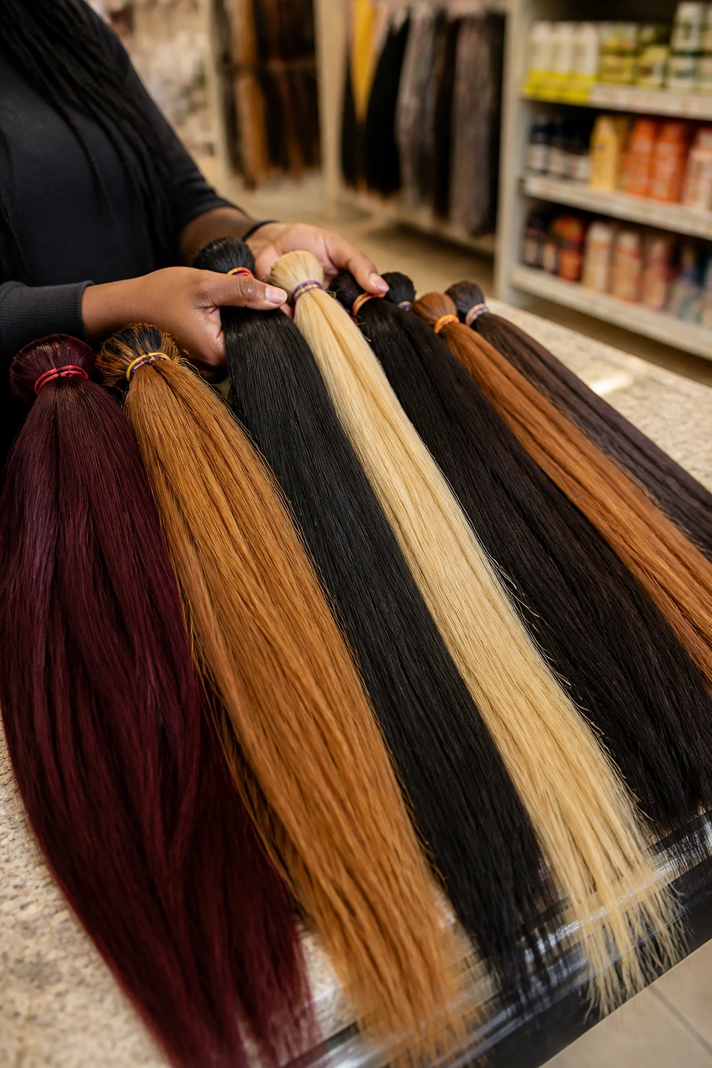 Braiding hair bundles on store counter with varied colors