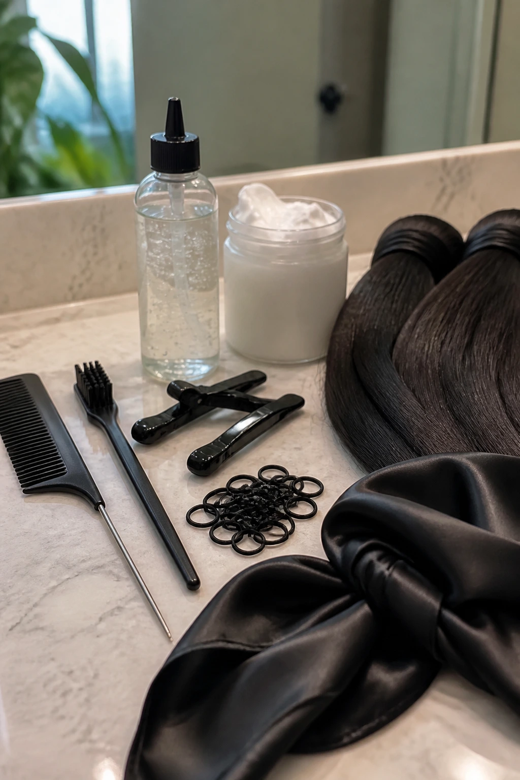 Close-up of unlabelled hair tools on a bathroom vanity