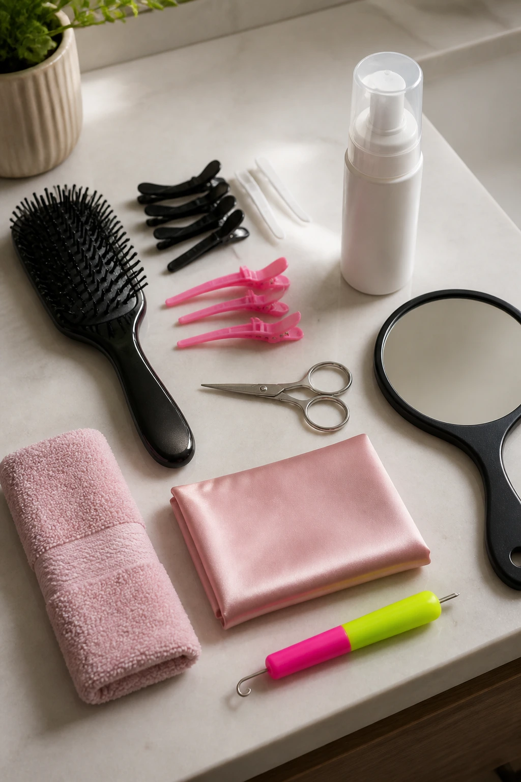 Top-down view of detangling brush, clips, foam, scissors, mirrors and satin pillowcase on a bathroom counter.