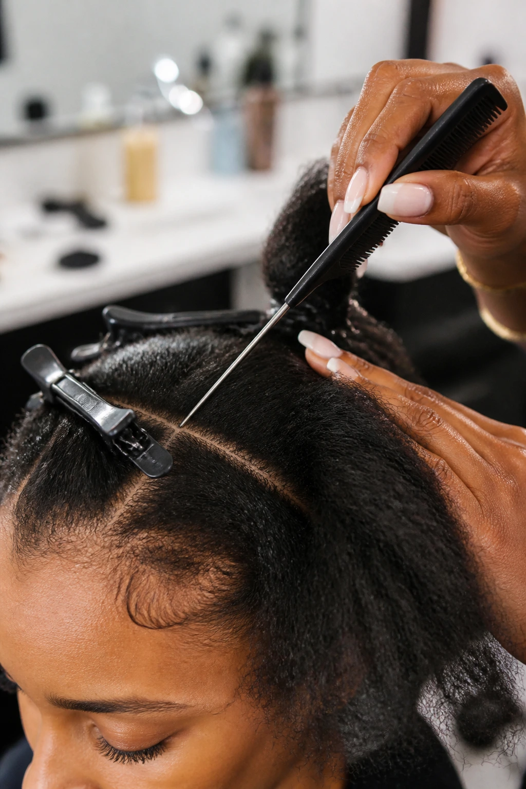 Close-up of hair tools like rat-tail comb and clips during a braiding setup