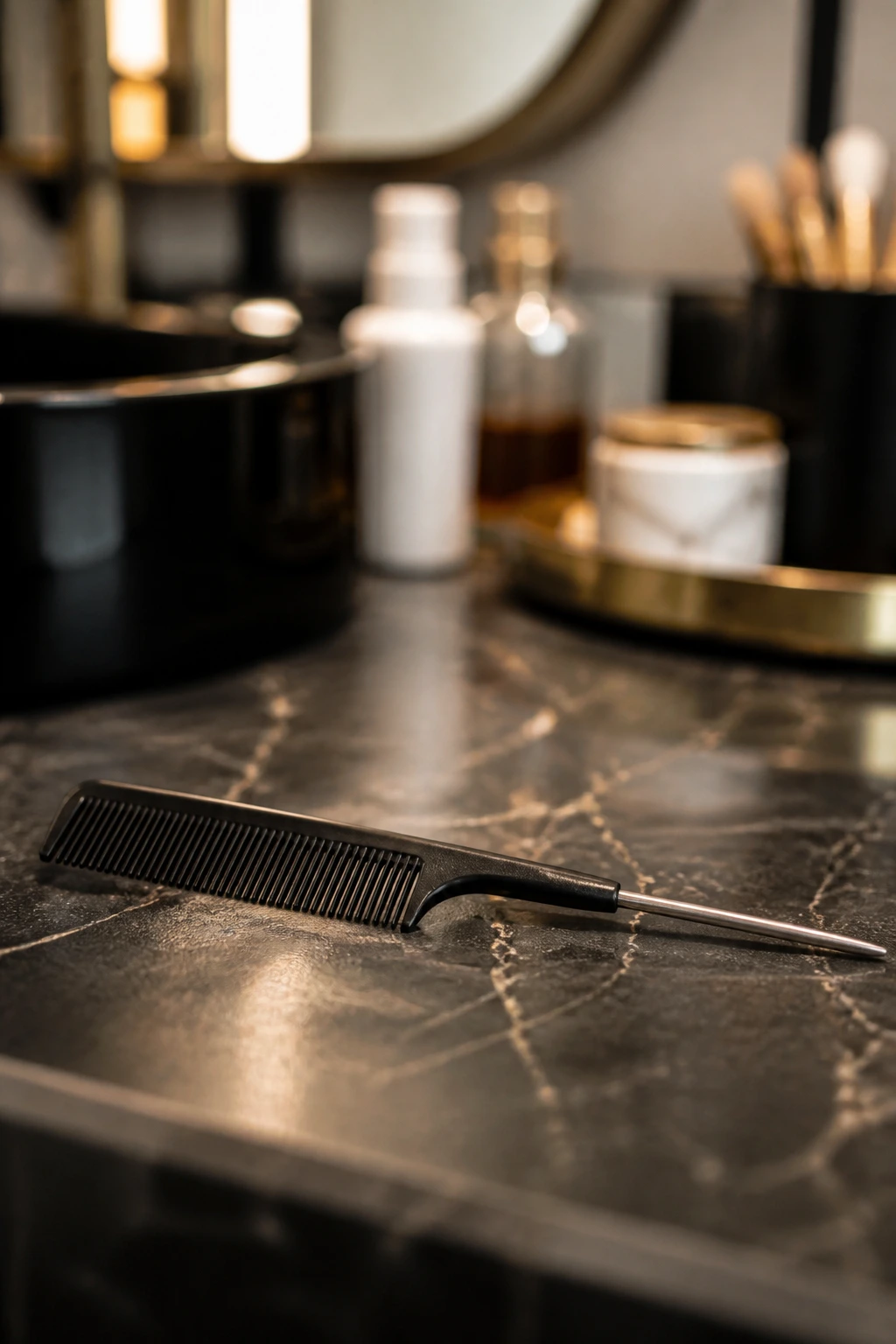 Close-up of rat-tail comb on a vanity countertop