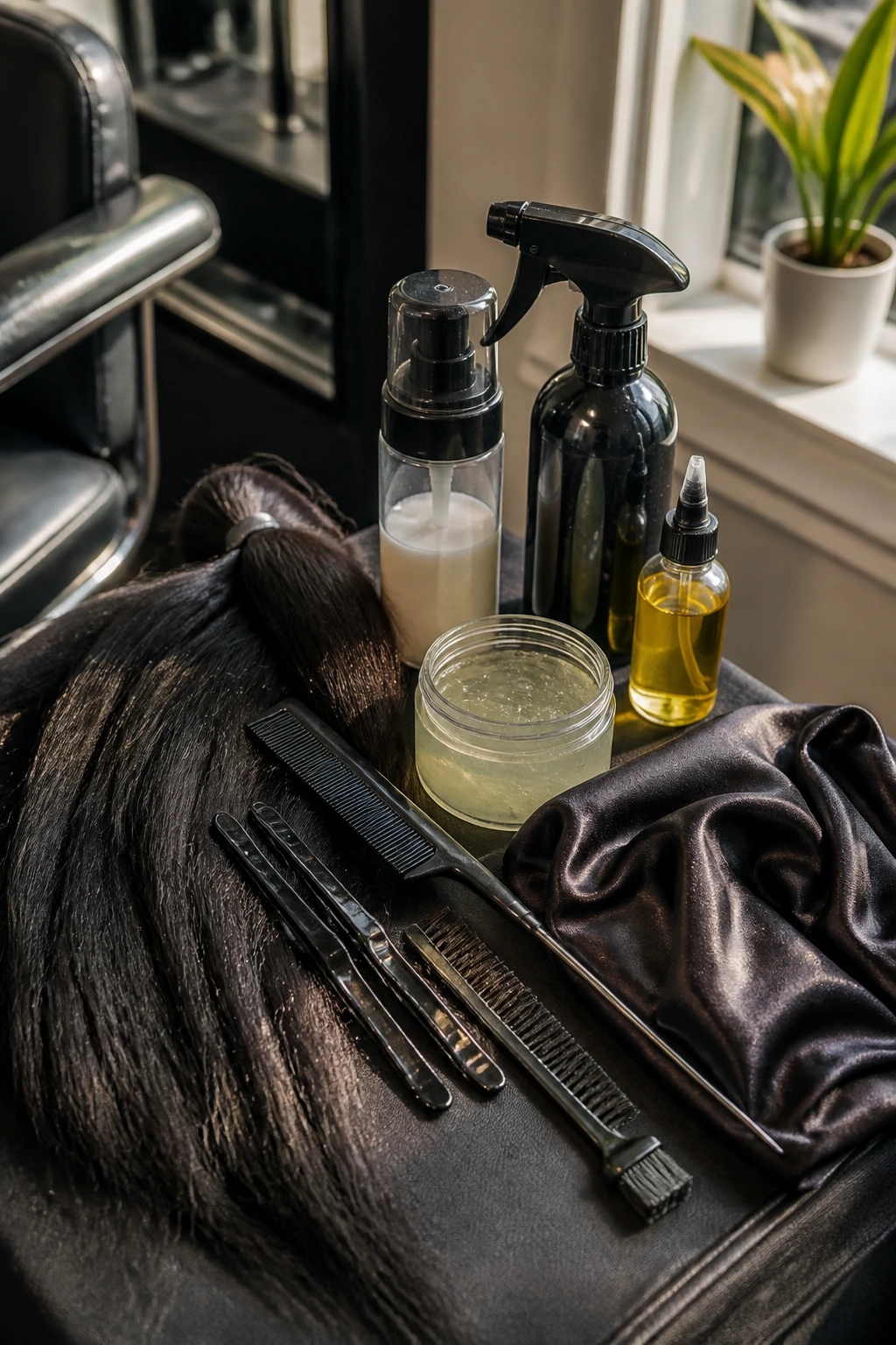 Close-up of essential Dutch braiding tools arranged on a salon counter
