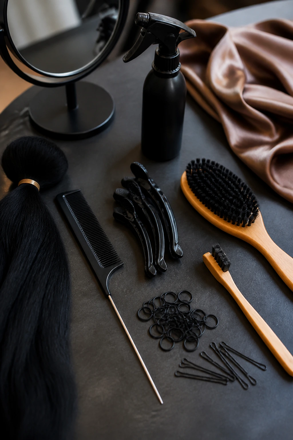 Angled close-up of essential braiding tools on a salon surface