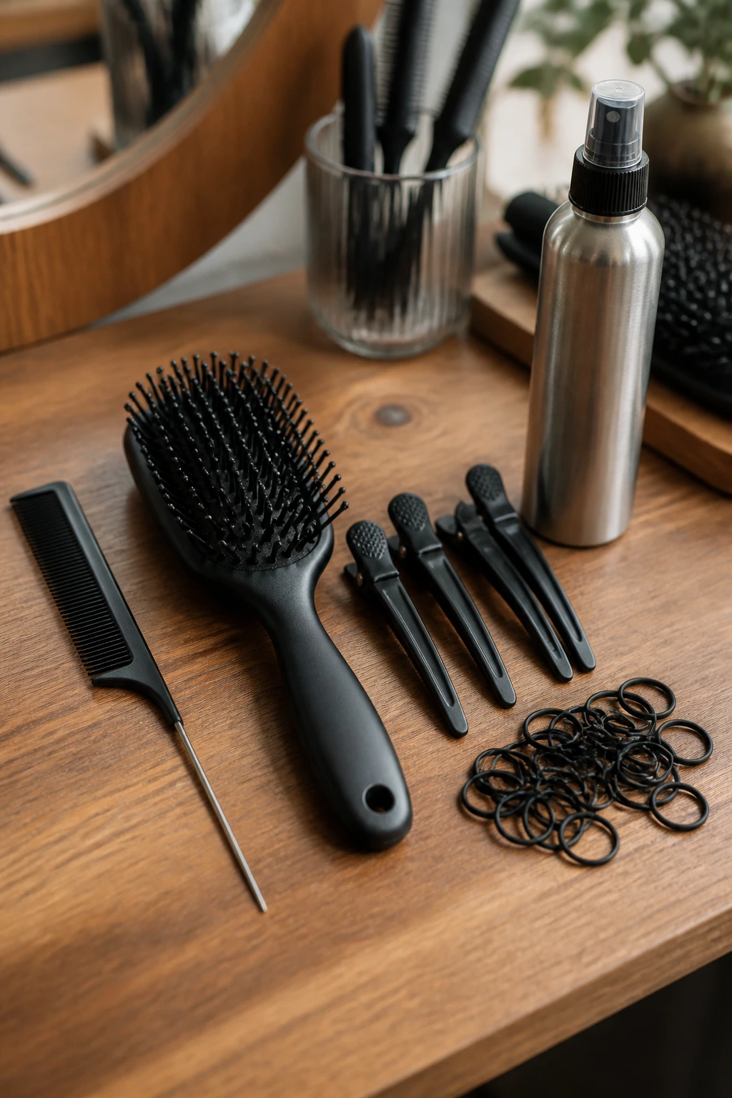 Still-life of hair braiding tools arranged on a vanity