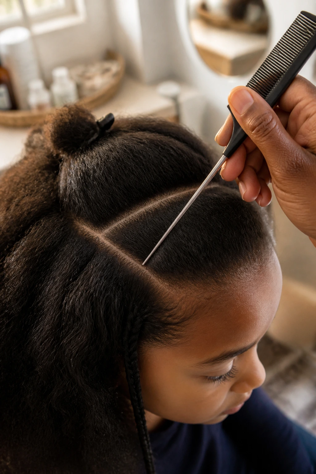 Close-up of rat-tail comb parting thick hair on a real child during styling