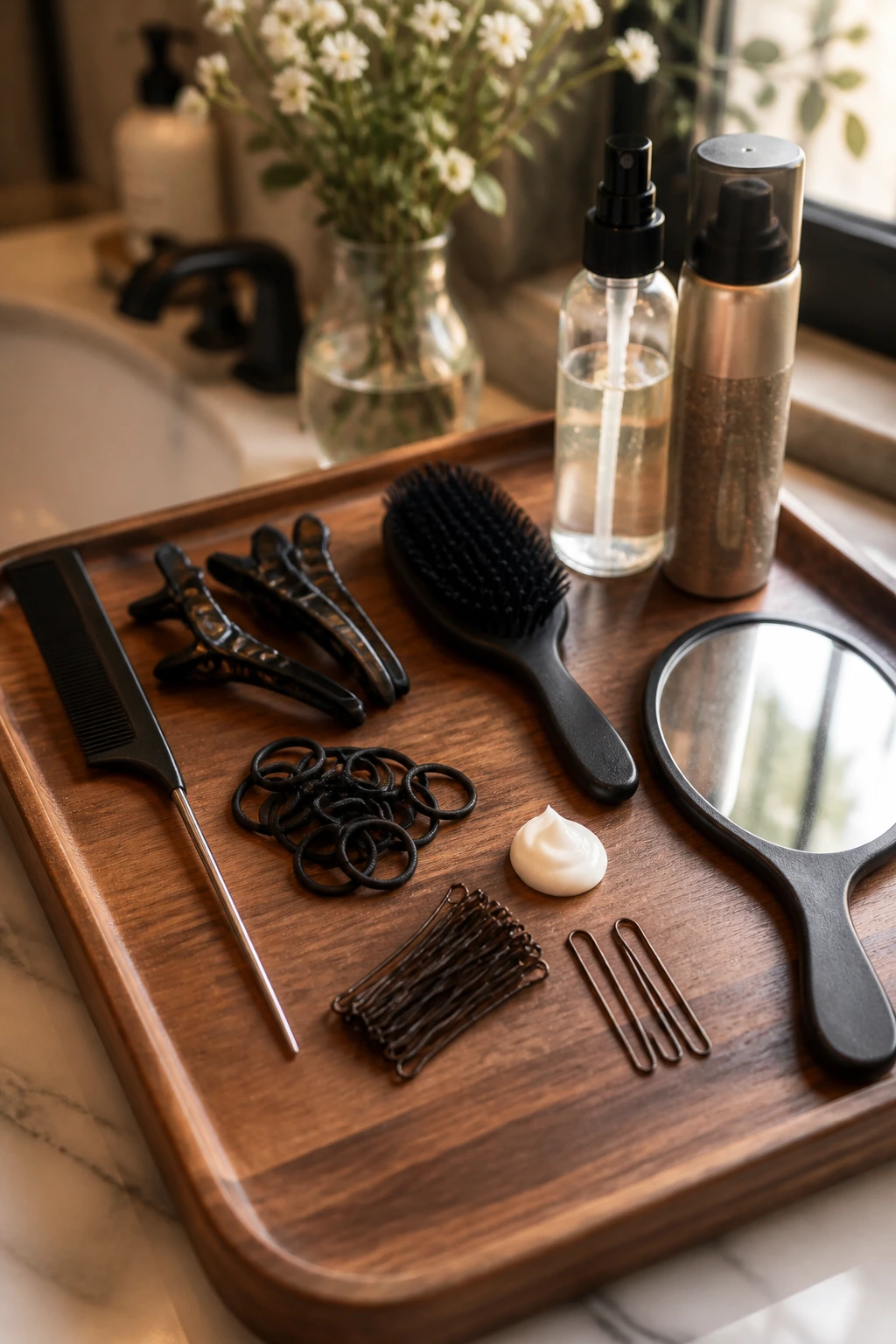 Close-up still-life of braiding tools including rat-tail comb, clips, elastics, brush, spray, mirror, pins, and cream on a wooden vanity.