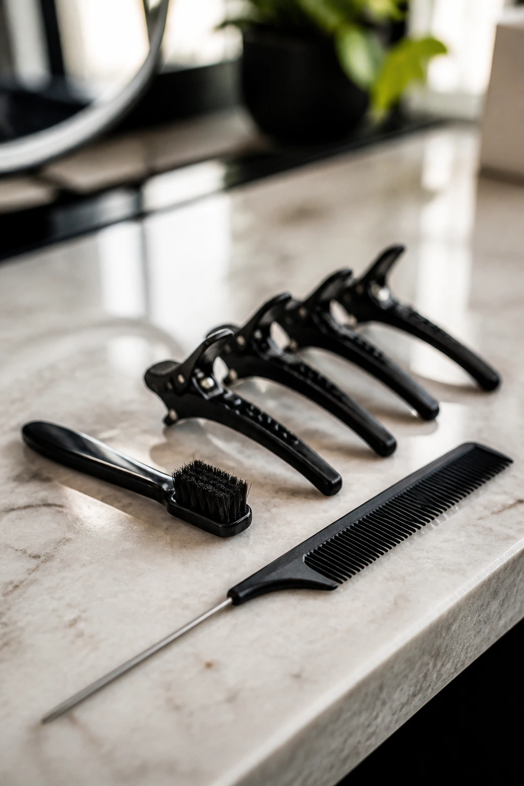 Close-up still life of essential braiding tools arranged on a counter